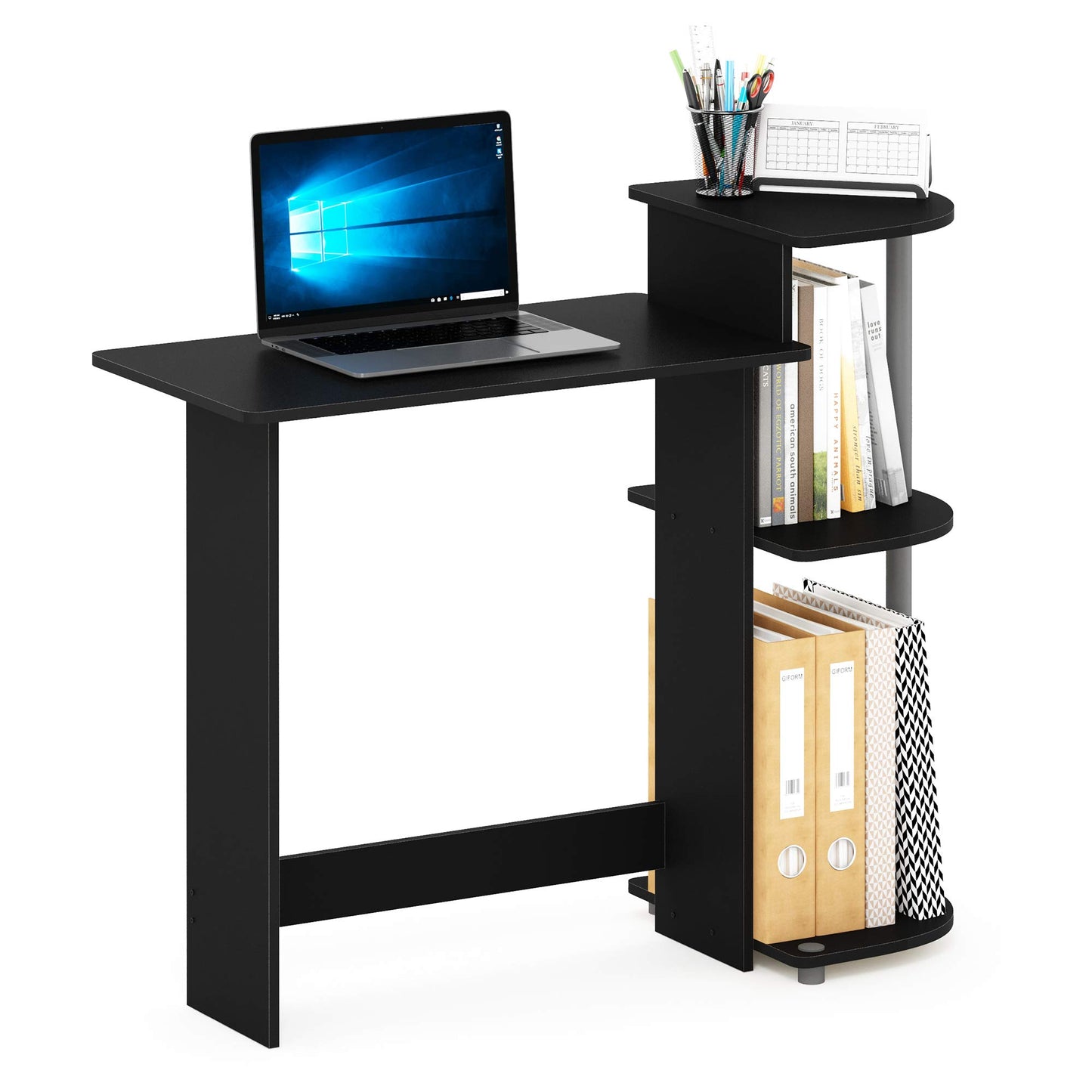 Furinno Compact 29-Inch Black Computer Desk, Gaming Desk with Shelves, Office Desk with Book Shelf, for Home Office, Study Room, Dorm, Bedroom, Black