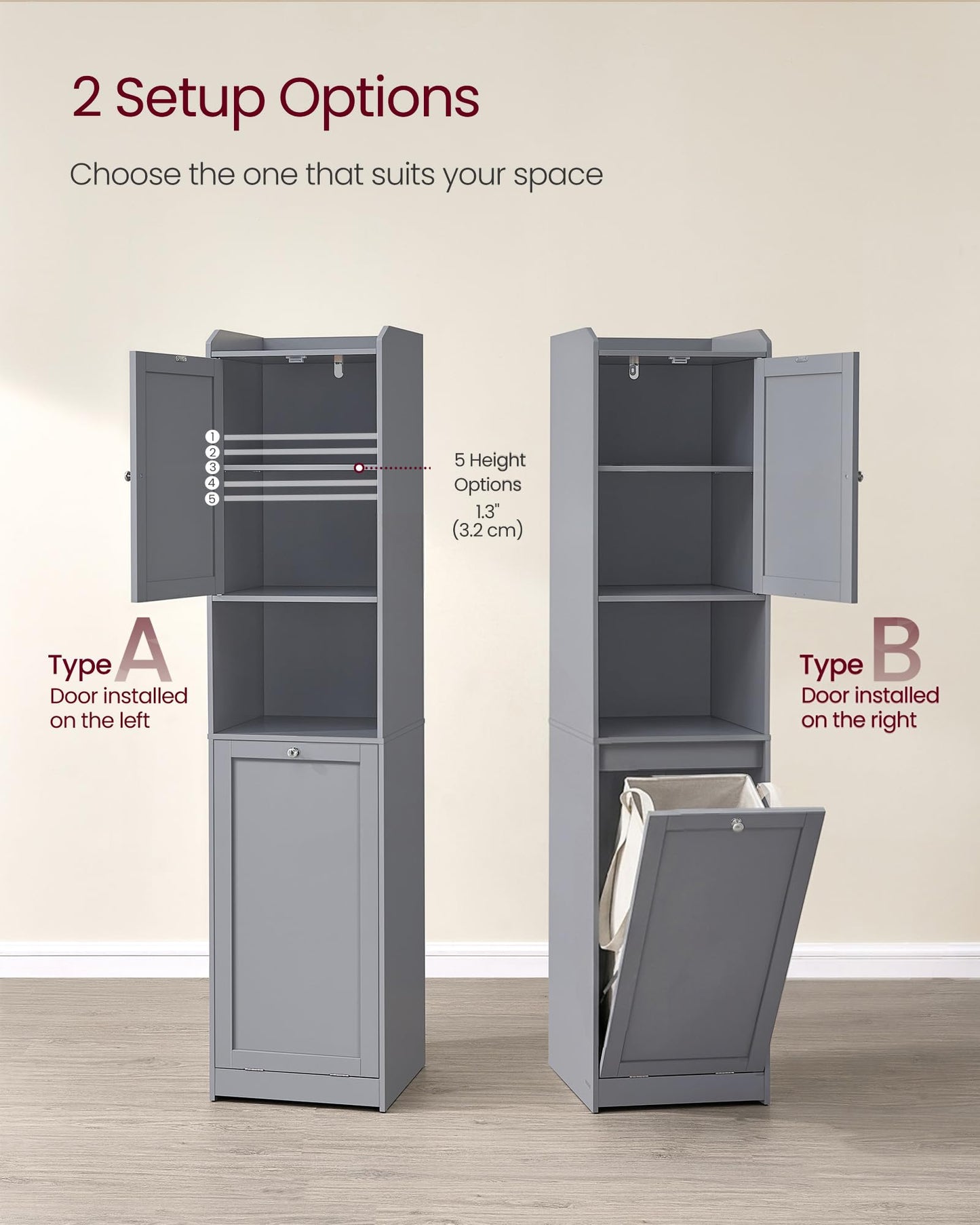 VASAGLE Tall Storage Cabinet, Storage Unit with Removable Laundry Basket, Compartment and Cabinet, for Bathroom, Living Room, 15.8 x 15.8 x 66.9 Inches, Dove Gray UBBC761G02
