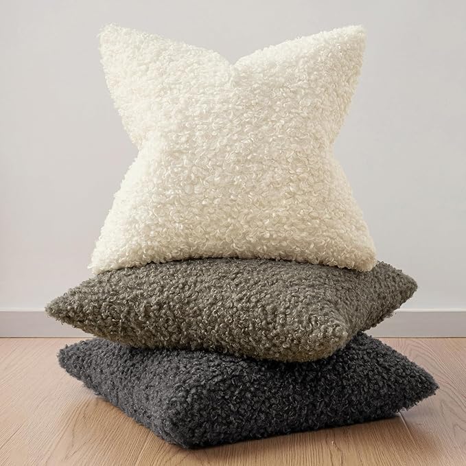 Faux Fur Throw Pillow Covers 20x20 Inch Set of 2 Boucle Neutral Decorative