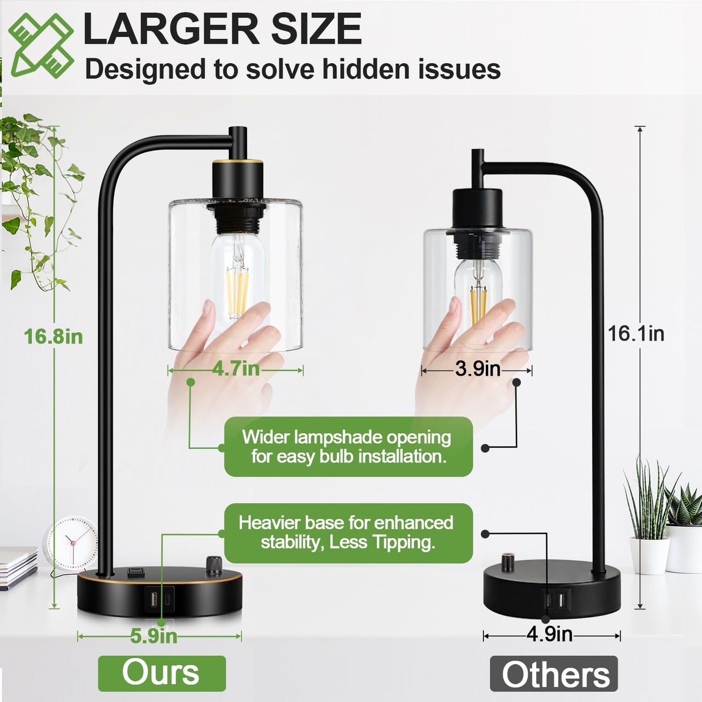 Set of 2 Black and Gold Industrial Table Lamps with USB Port, Fully Stepless Dimmable Bedside Lamps for bedrooms, Nightstand Desk Lamps with Clear Glass Shade for Reading Office 2 LED Bulb Included