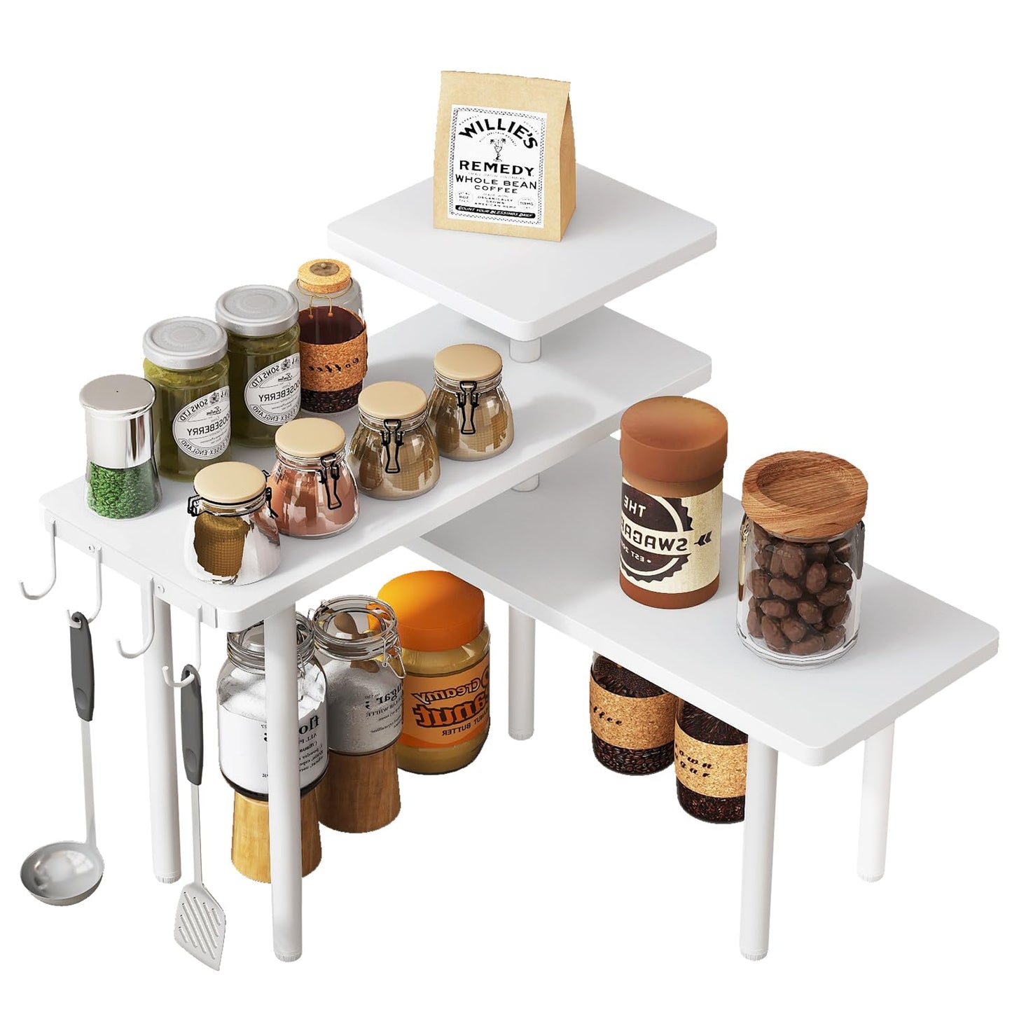 IBUYKE Countertop Organizer,3-Tier Spice Racks,Kitchen Counter Corner Shelf,4 Side Hooks,Adjustable Countertop Shelf for Kitchen, Bathroom, Coffee Bar, Cabinet, Desk,White,TLJ023W