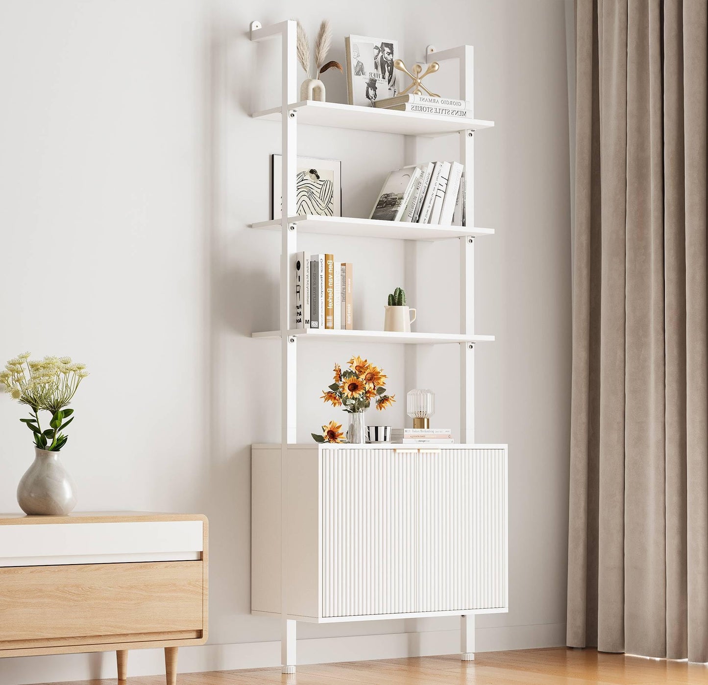 INNOD 74" Tall Bookshelf with Storage Cabinet, Modern Ladder Shelf with Wood and Metal Frame, Wall Mount Bookcase Open Display Shelf Furniture for Living Room, Bedroom, Home Office, White