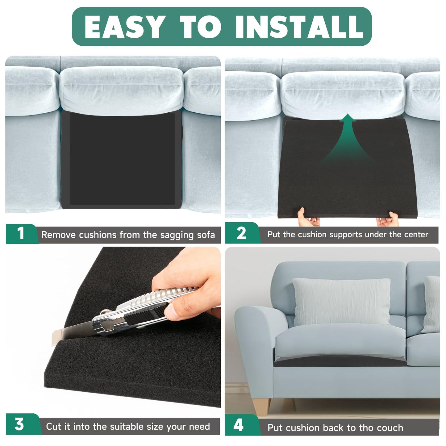 Langierspur Couch Cushions Support for Sagging Seats, Curved 20" x 20" High-Density Foam Support Board for Under Cushions, Firm Sofa Seat Repair Insert for Sectionals, Loveseats & Chairs，Black 2pcs