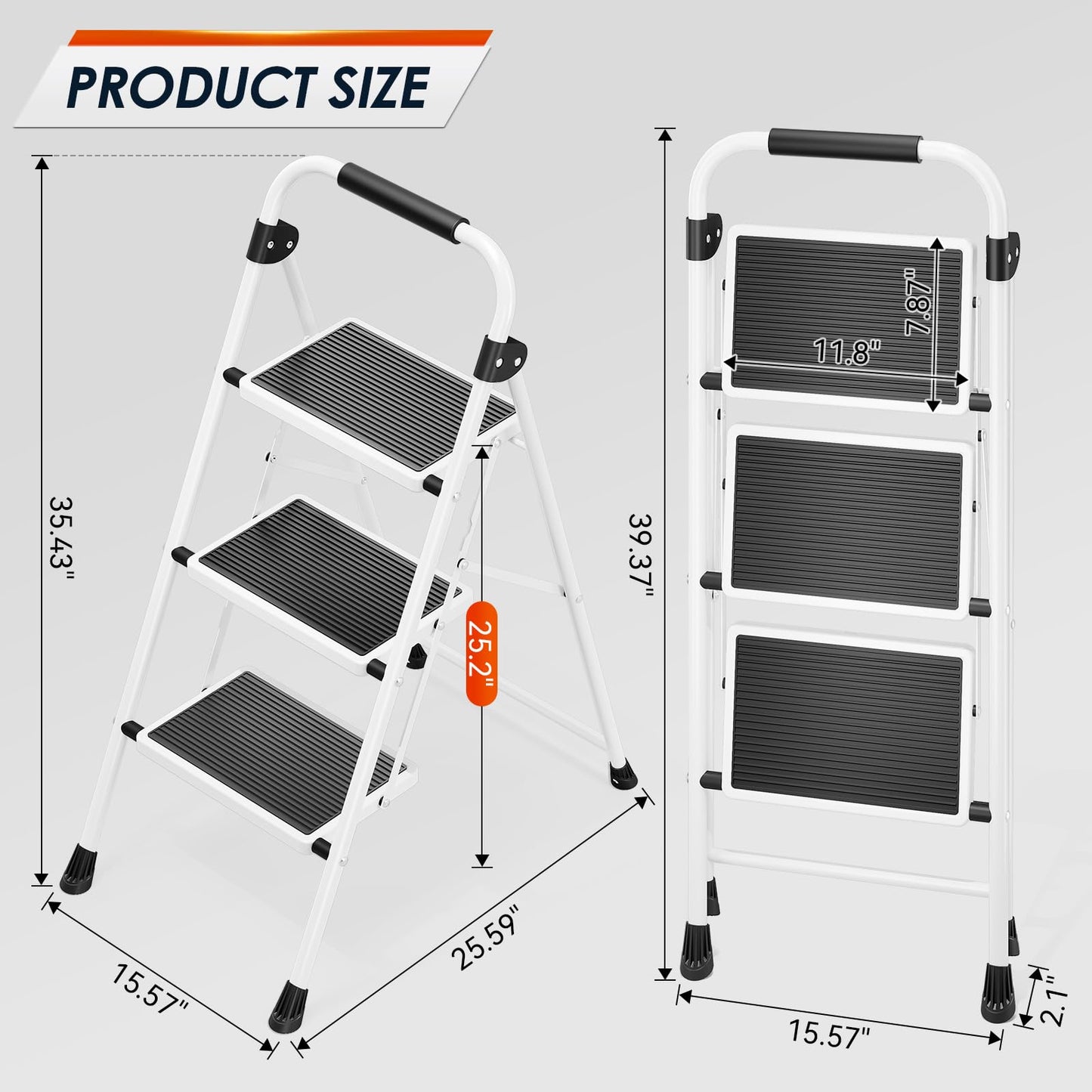 Urackify Step Ladder, 3 Step Ladder with Anti-Slip and Wide Pedal, Portable Foldable Step Stool with Handgrip, Sturdy Step Ladder for Home Kitchen Household, White