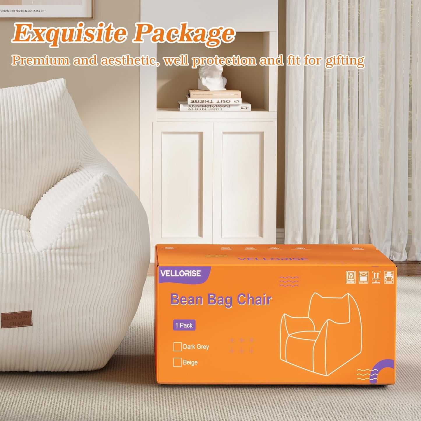 Vellorise Big Bean Bag Chair for Adults, Ultra Soft Living Room Bean Bag with Armrests, Stuffed BeanBag Chair for Napping, Gaming, Vacuum-Compressed for Easy Gifting, 48 Hours to Fluffs Up, Beige