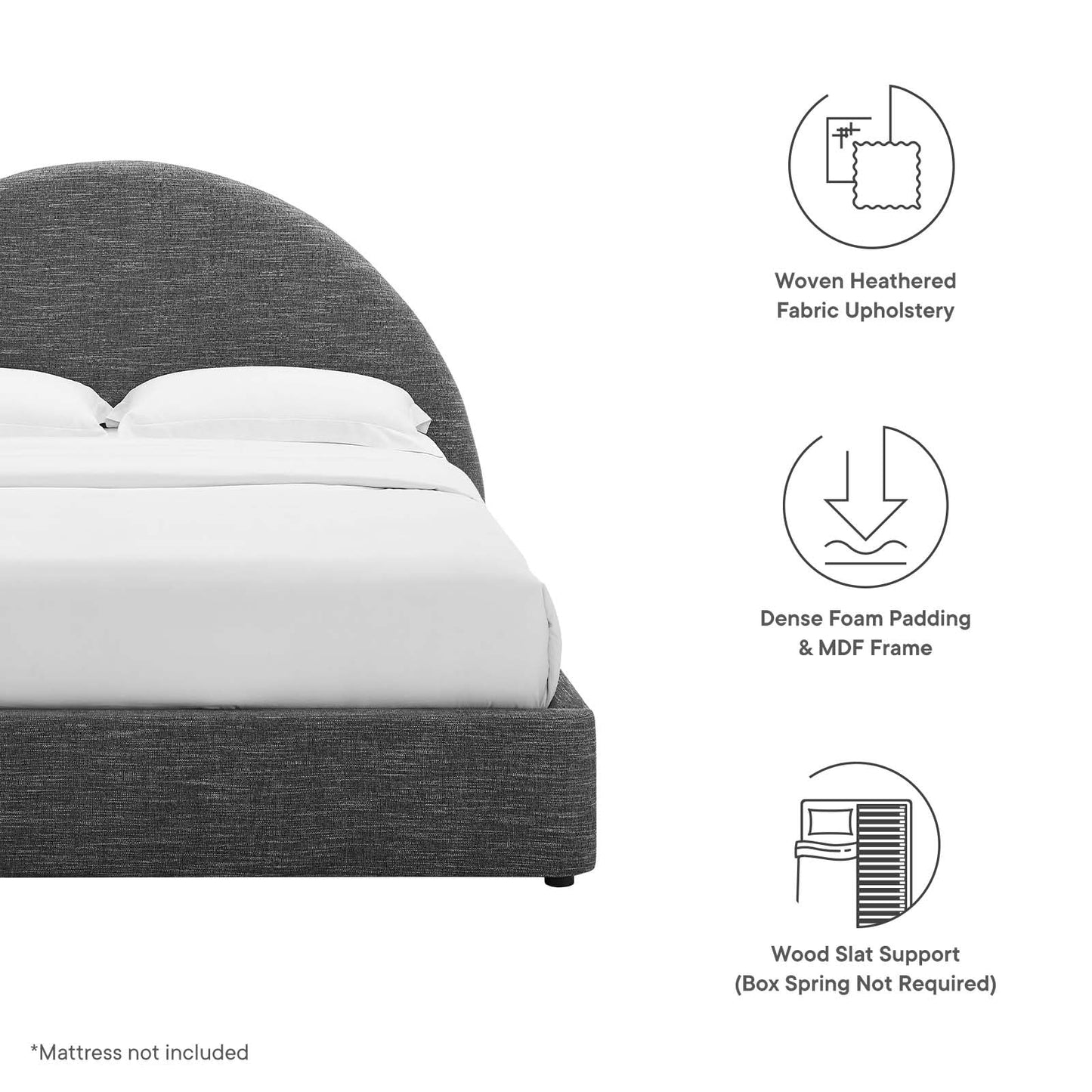 Modway Resort King Size Platform Bed with Arch Shaped Round Headboard in Heathered Weave Slate, Woven Heathered Fabric Upholstery, King Size Bed Frame, Soft Cloud Bed Frame, No Box Spring Needed