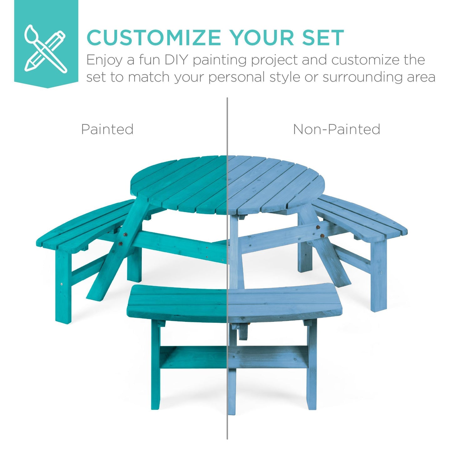 Best Choice Products 6-Person Circular Outdoor Wooden Picnic Table for Patio, Backyard, Garden, DIY w/ 3 Built-in Benches, 500lb Capacity - Seaside Breeze