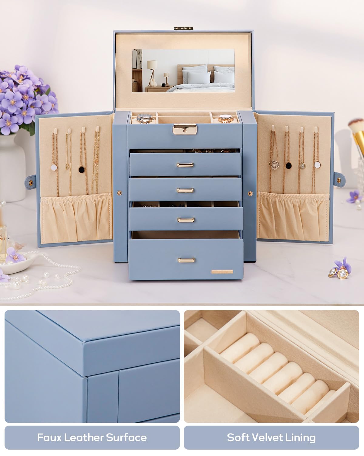 Homde Synthetic Leather Huge Jewelry Box Mirrored Watch Organizer Necklace Ring Earring Storage Lockable Gift Case (Grey Blue + Gold)