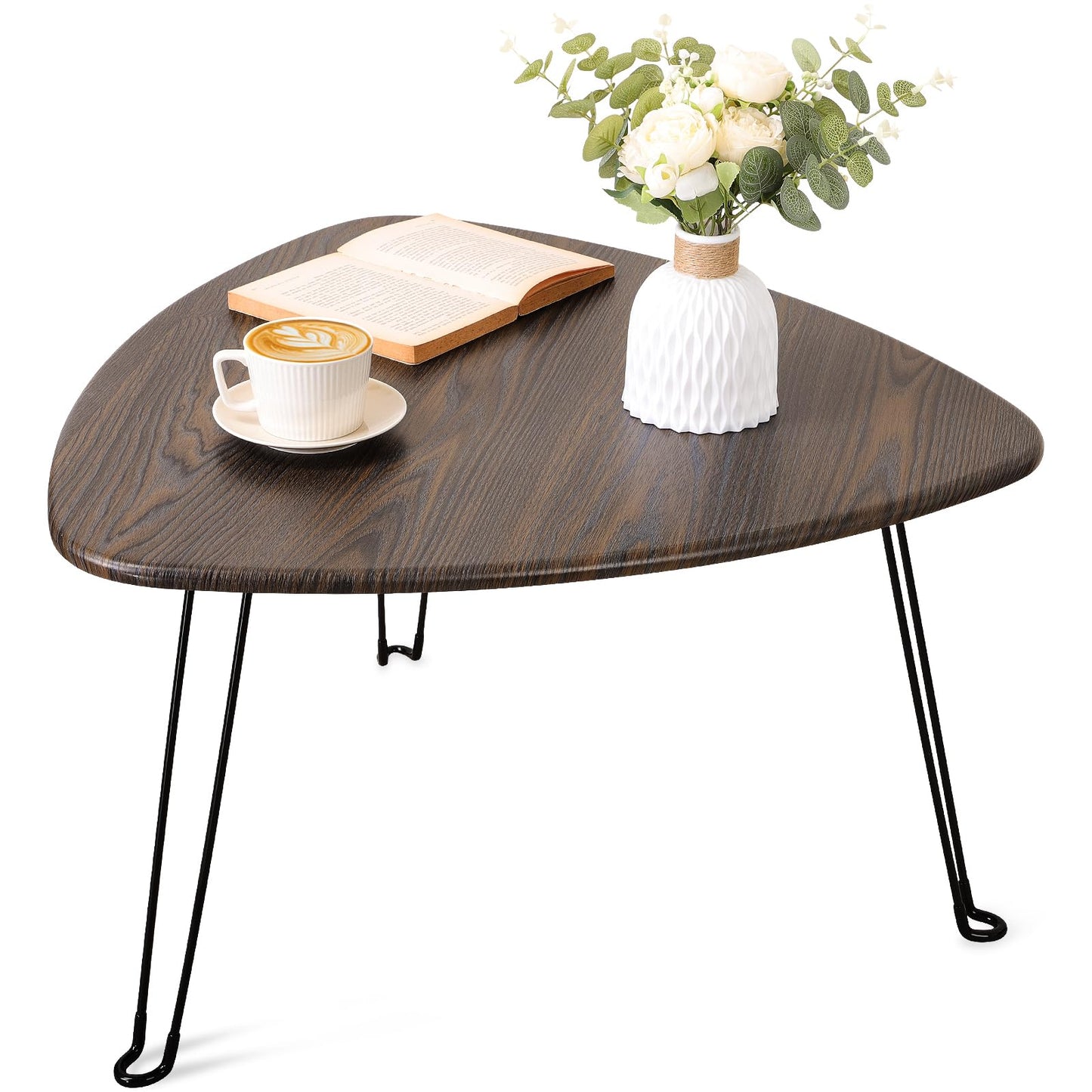 FEUFOAM Folding Coffee Tables for Small Spaces Foldable Industrial Sofa Center Table Triangle Design Wood Framed Coffee Table Mid Century Rustic Brown Floor Desk for Living Room Balcony