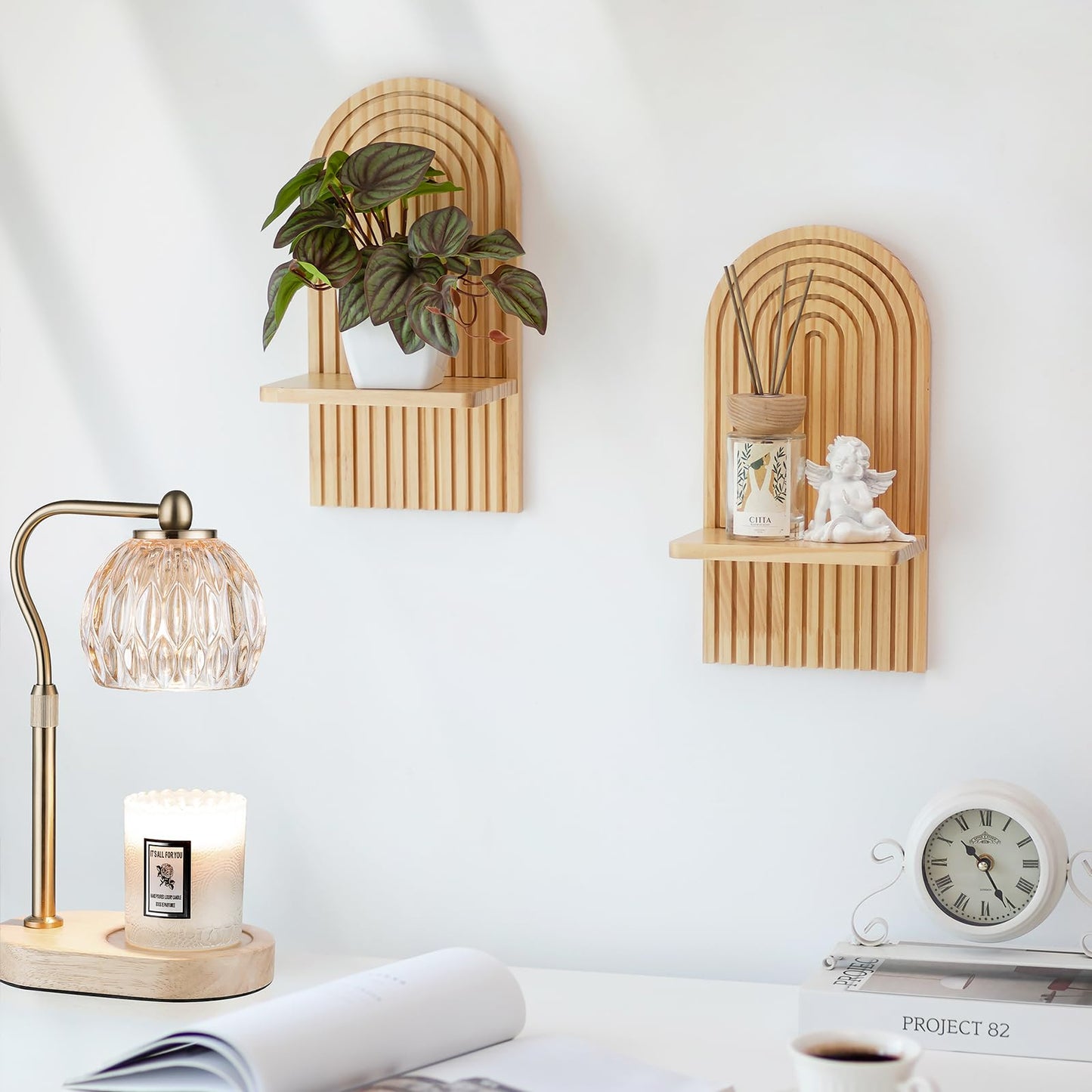 Walasis Boho Shelf Wall Decor - Bohemian Floating Shelves for Nursery Bedroom Living Room Aesthetic Hanging Shelf Modern Rainbow Wall Candle Holder (Natural)