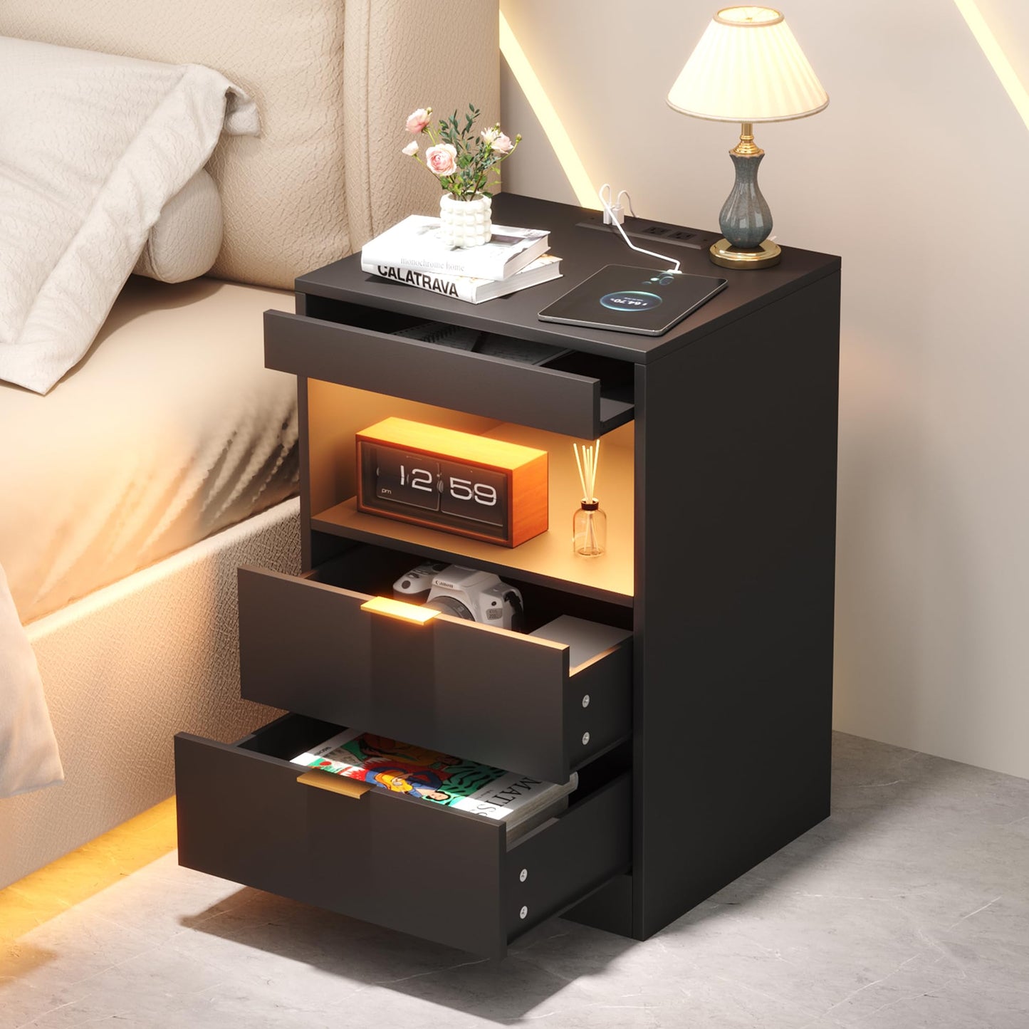 Yusong Night Stand, Black Nightstand, LED Nightstand with Charging Station, Modern Night Stand, Bedside Table, Wood Sofa Couch End Side Table with 2 Pull-Out Shelf