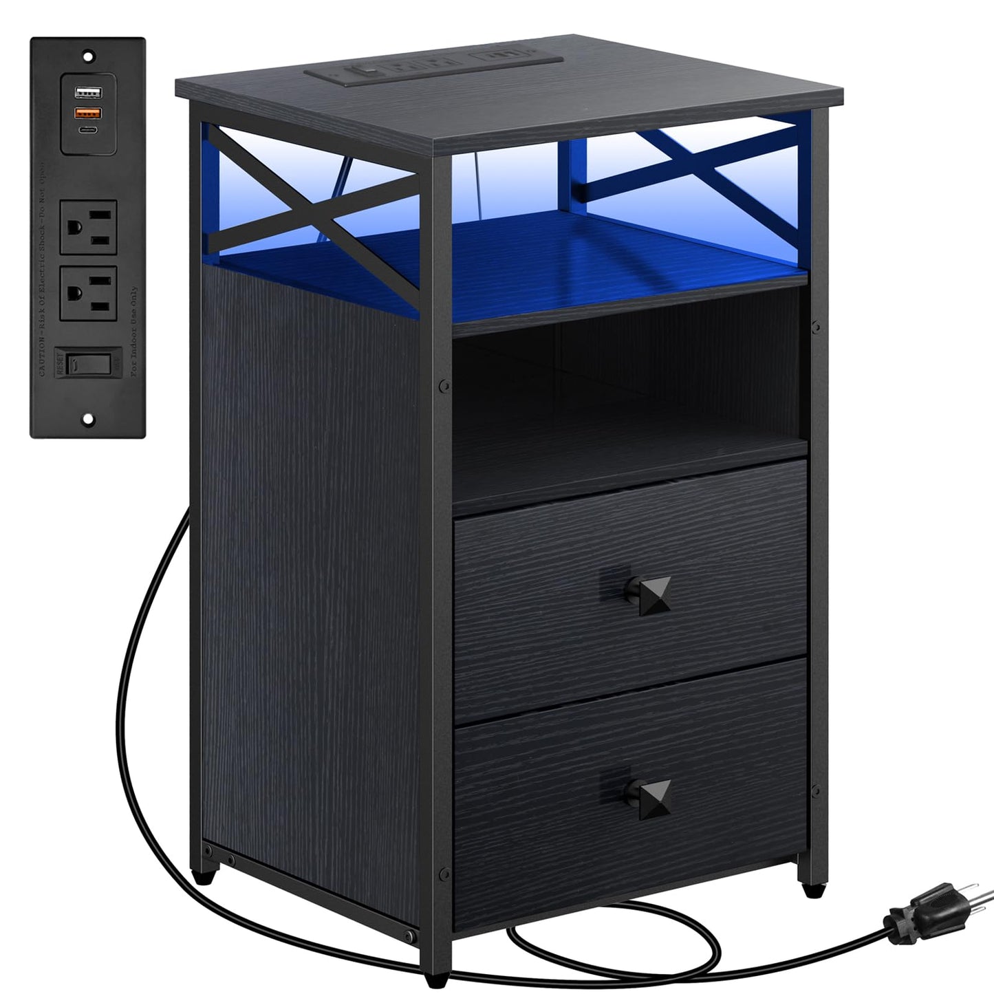 Livofloral LED Night Stand with Charging Station, Living Room Side Tables with Storage, Farmhouse End Table with Wood Drawers, Black End Table with Charging Station, Bed Side Table for Bedroom, Black