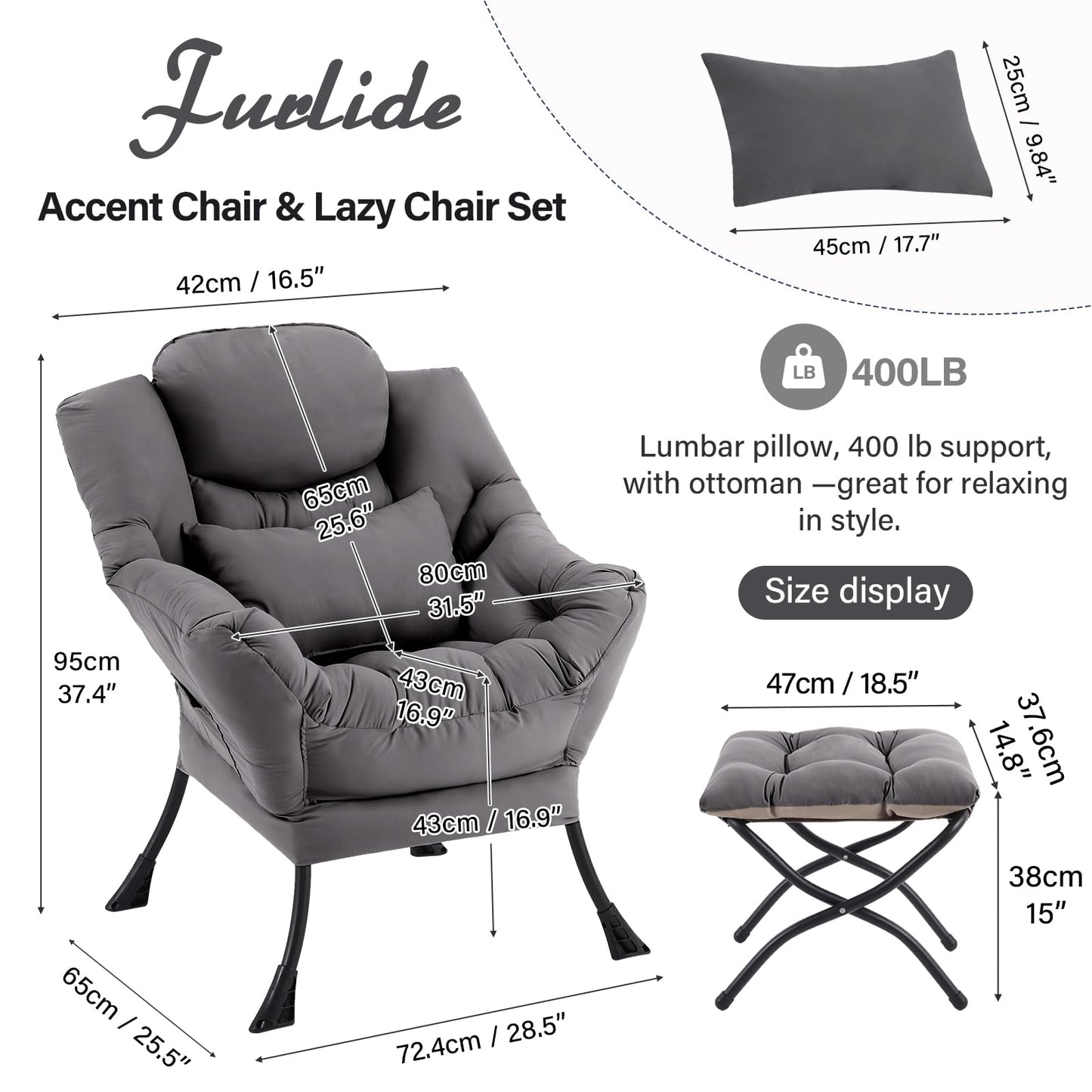 Furlide Lazy Chair with Ottoman, Comfy Fabric Accent Lounge Arm Chair with Lumbar Pillow and Folding Footrest, Reading Leisure Sofa Armchair for Bedroom, Living Room, Dorm,Dark Grey