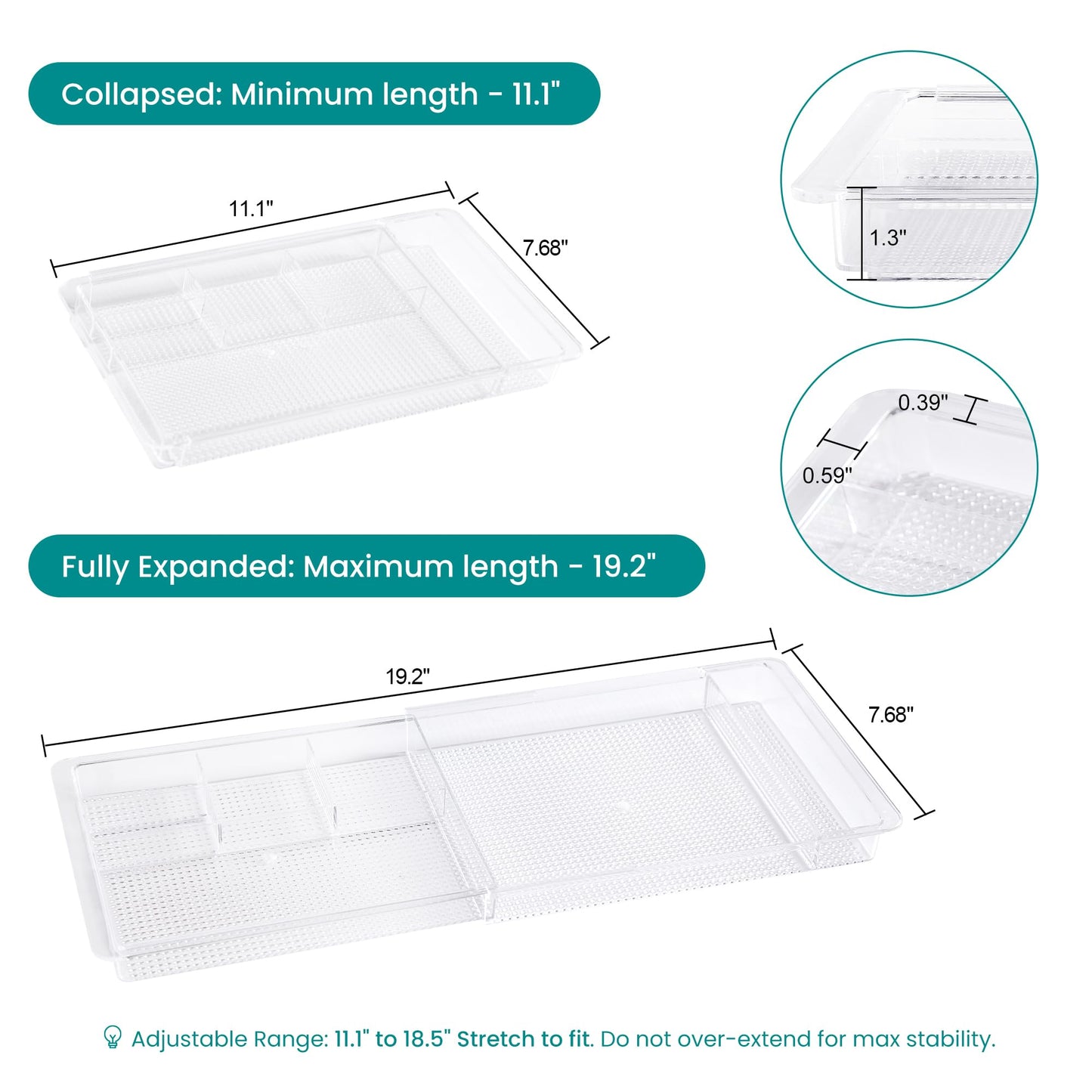 Oubonun Expandable Drawer Organizer 11.1” to 19.2” Width, Shallow Cosmetic Organizer 1.3” Height, 2 Packs, Clear Plastic Storage Trays for Dressing Table,Bathroom