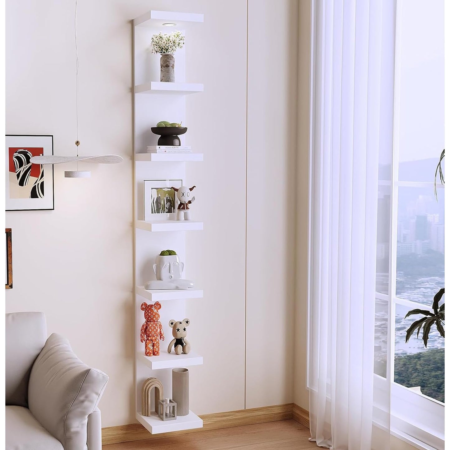 LitaEther Versatile 7 Tier Wall Shelf Unit,White Lack Wall Shelf,Display Floating Shelf with LED Remote Control Light