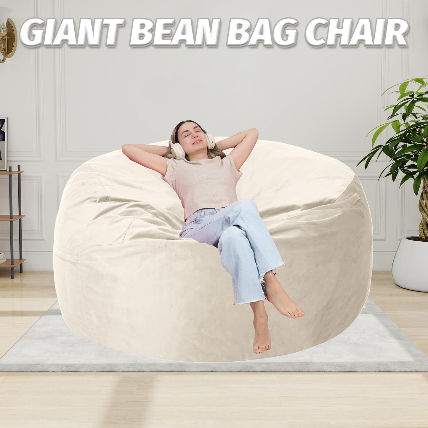 lilanoon 3FT Bean Bag Chair with Ultra Soft Velvet Cover Bean Bag Sofa with Memory Foam Bean Bag Chairs with Large Size Lazy Sofa for Dorm Office Living Room Bedroom Dark Beige 3'