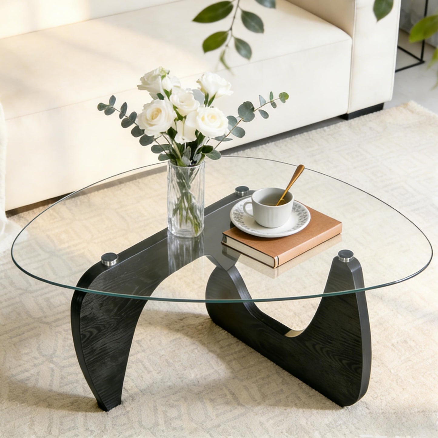 Black Coffee Table for Living Room, 35.4" Modern Oval Center Table with Tempered Glass Top & Sturdy Wooden Base, Easy to Install, Simple Tea Cocktail for Apartment, Lounge, Office