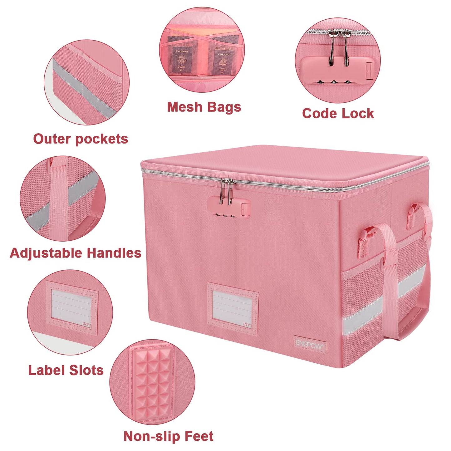 ENGPOW File Box with Lock, Fireproof Document Box with Zipper＆Pockets, Collapsible File Organizer Filing Storage Cabinet with Handle, Portable Home Office Safe for Hanging Letter/Legal Folder, Pink