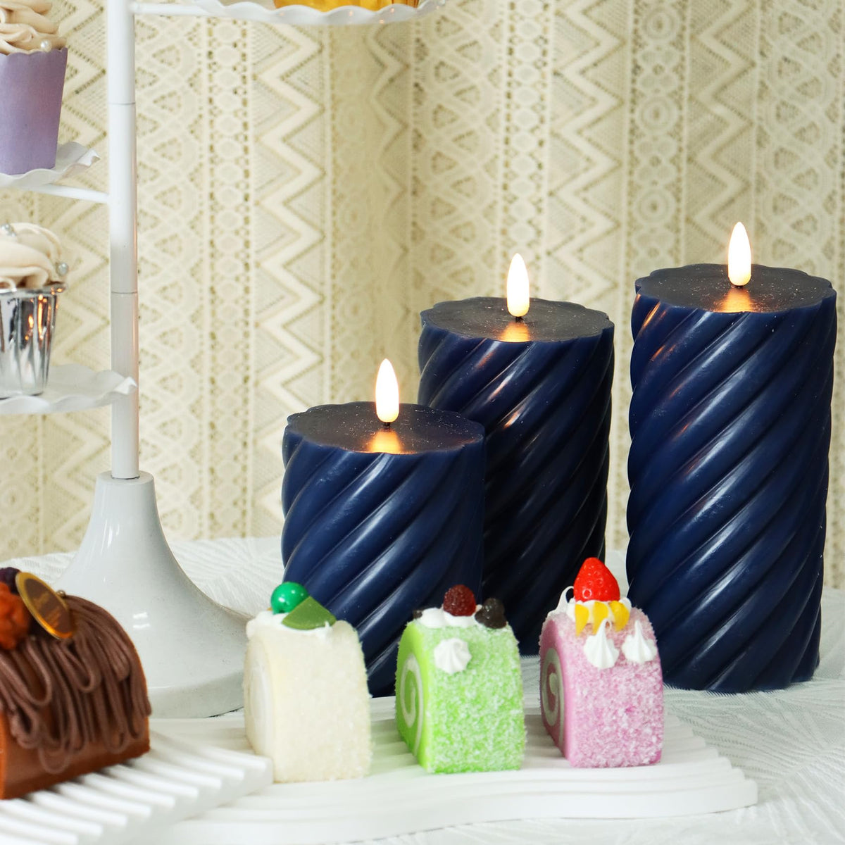 Real Wax Spiral Flameless Candles with Timer Battery Operated LED Pillar Candles Flickering Flame Electric Lights for Wedding Holiday Party Home Decor Valentine's Day Christmas Gifts,3 Pack(Navy)