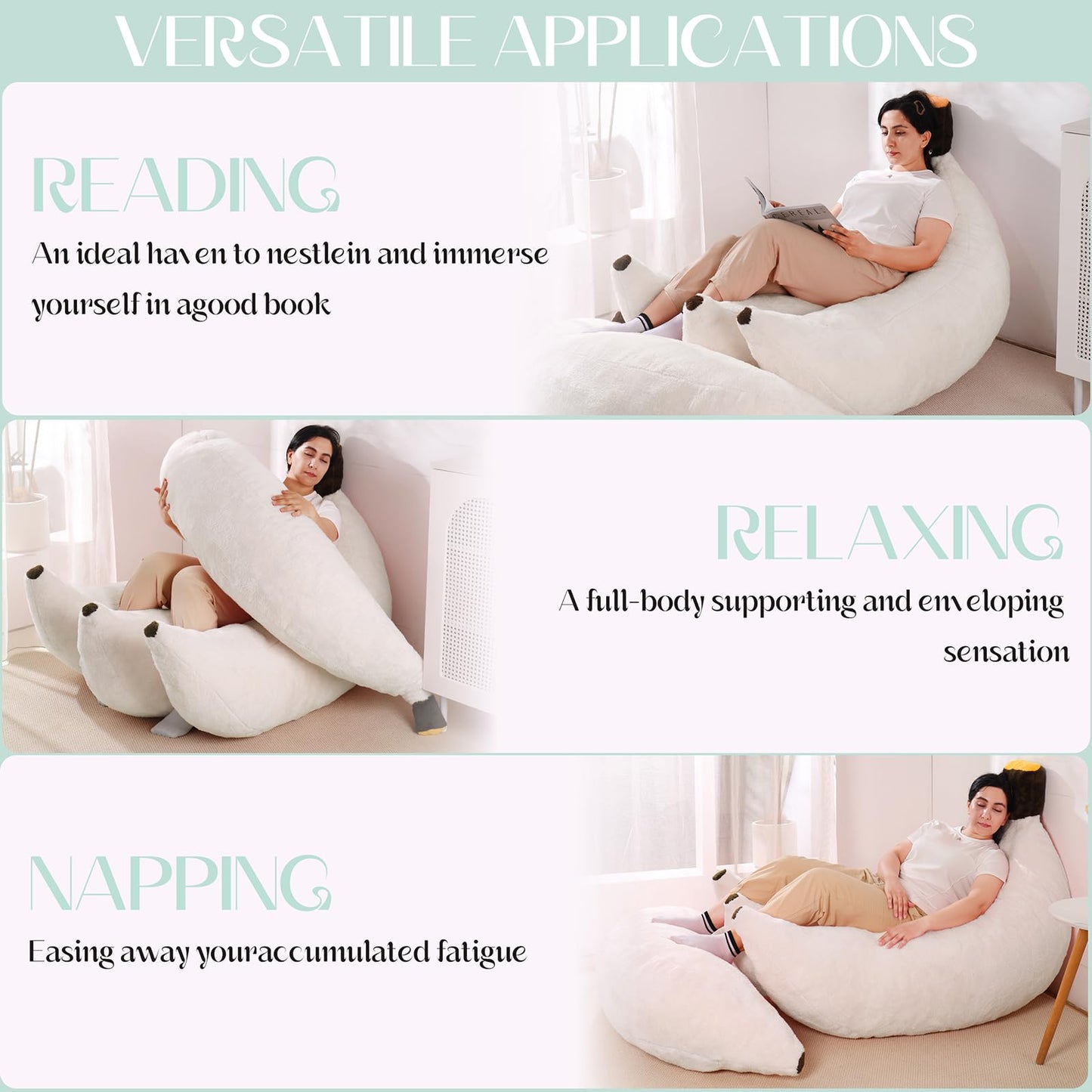 IEVENW Banana Bean Bag Chair with Ottoman, Floor Sofa Bed with Footrest, Comfy Convertible Lounger for Adults, Plush Couch for Bedroom, Living Room or Dorm, L-Cream