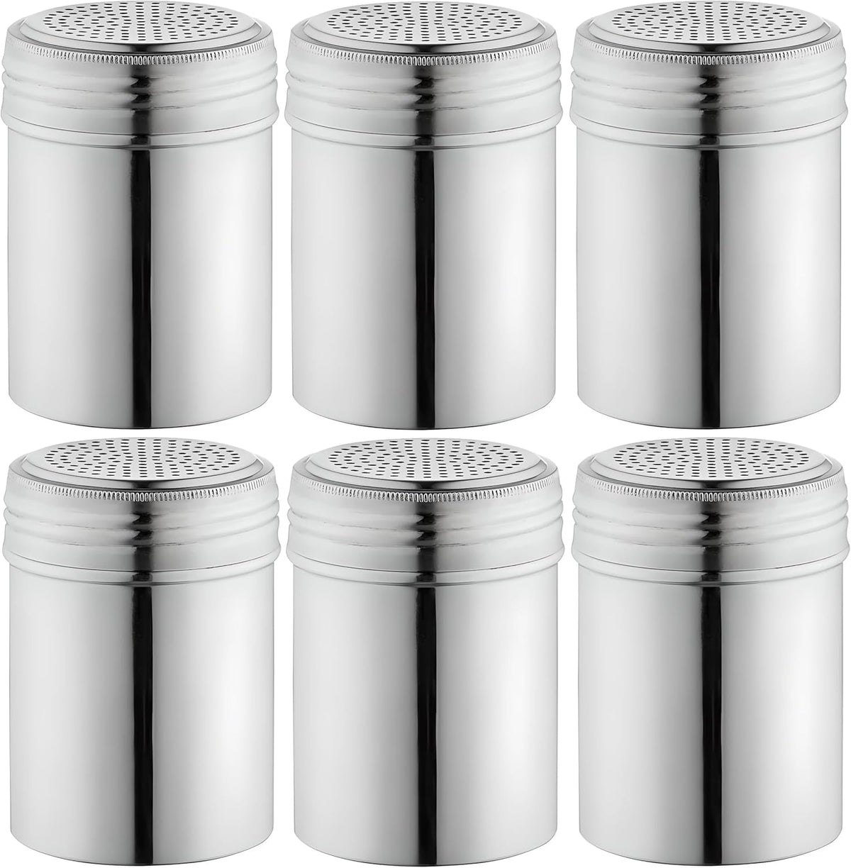 OCS Parts Set of 6 Stainless Steel Dredge Shakers | Without Handles | 10 Ounce Stainless Steel Salt, Pepper, Powdered Sugar an Spice Shakers for Home and Commercial Kitchens