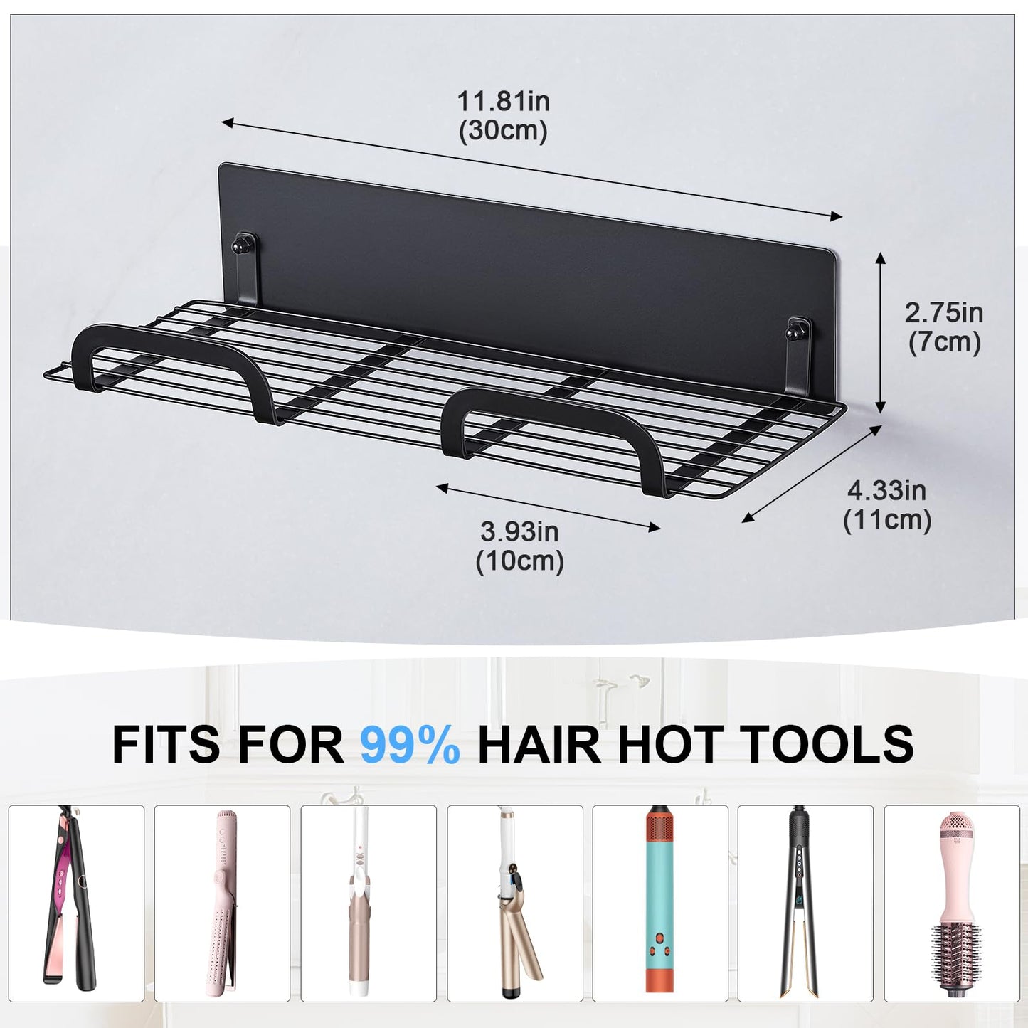 WAYASI Straighteners Holder Wall Mounted Metal Hair Dryer Holder for Curling Wands Accessories Adhesive Curling Iron Holder Hair Tool Organizer for Vanity Bathroom Barber Shops (Black)