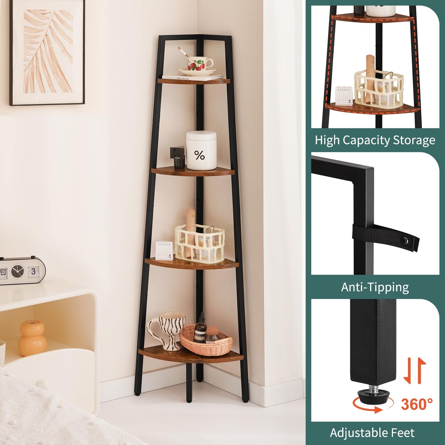 Yoobure Corner Shelf, 4-Tier Corner Bookshelf with Metal Frame & Wood Ladder Shelves - Display Shelf & Tall Bookcase, Plant Stand for Home Decor - Bedroom, Living Room, Office