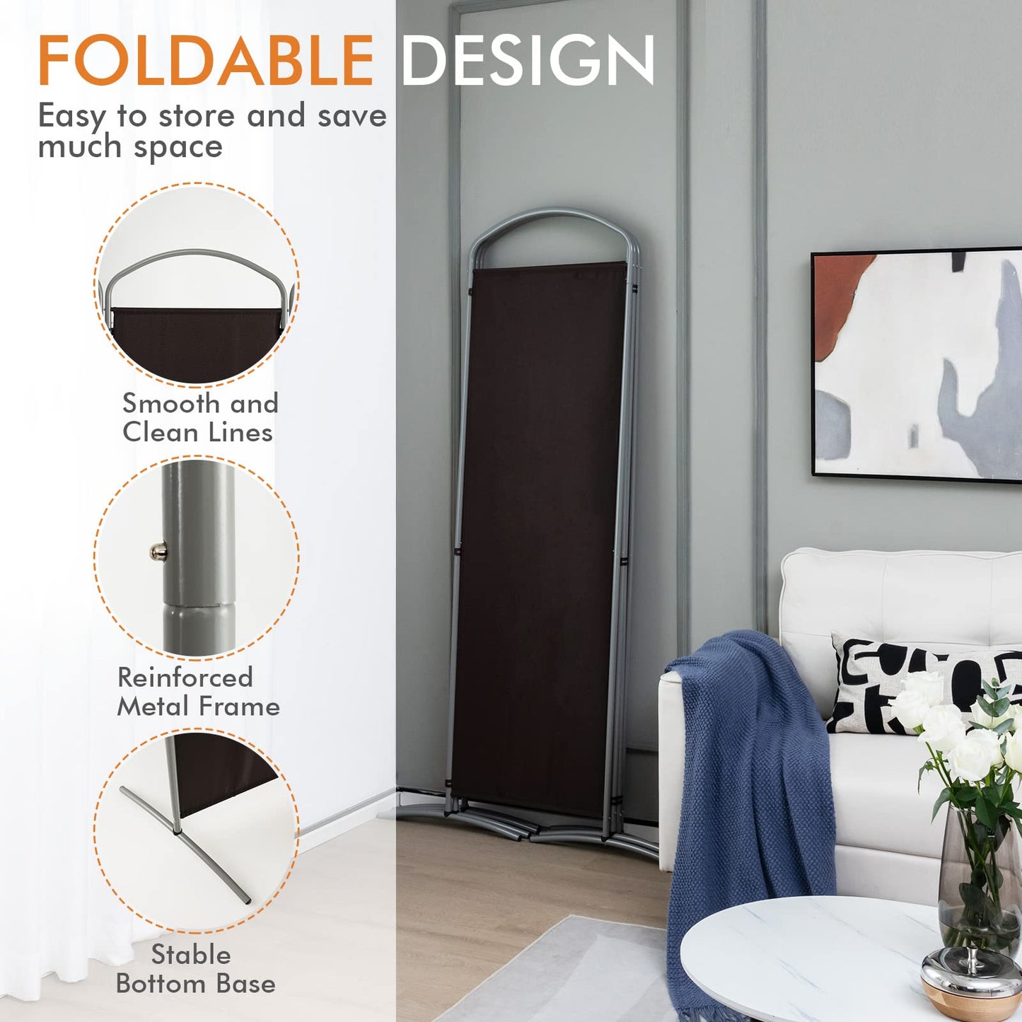 Giantex 6.2Ft Folding 4-Panel Room Divider Brown- 87" Wide Freestanding Foldable Fabric Privacy Screen, Lightweight Portable Partition Wall Divider and Separator for Home Office, Apartment, Studio