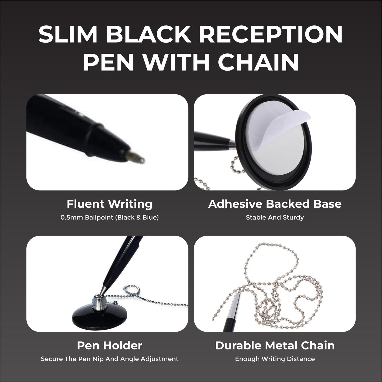 Janrax Pack of 24 Slim Black Reception Counter Pens on Chain