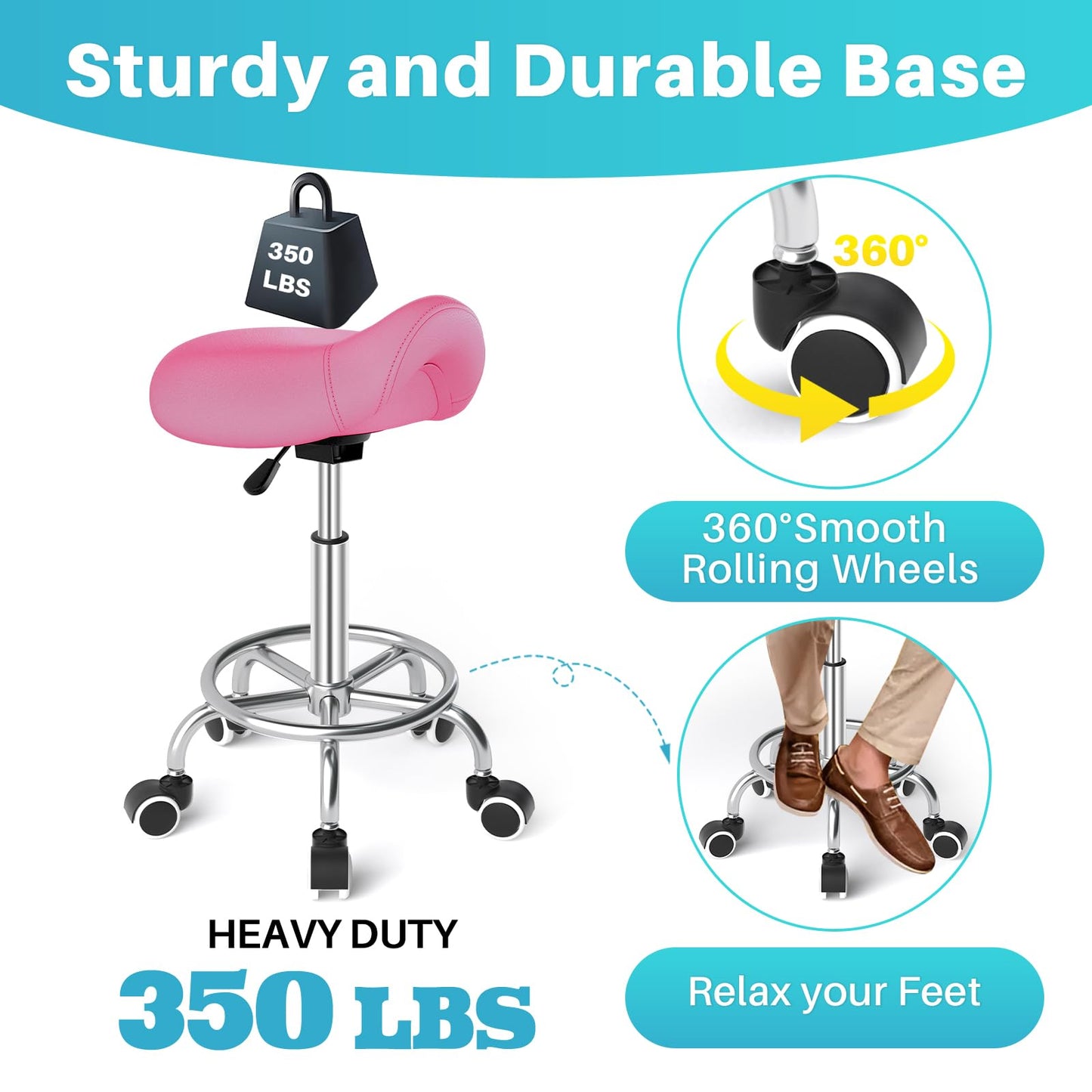 YEEZEE Saddle Stool Ergonomic- Comfortable Rolling Saddle Stool with Wide Thick Saddle Seat Padding, Swivel Adjustable Saddle Chair with Wheels and Ring Pedal for Medical Massage Salon (Pink)
