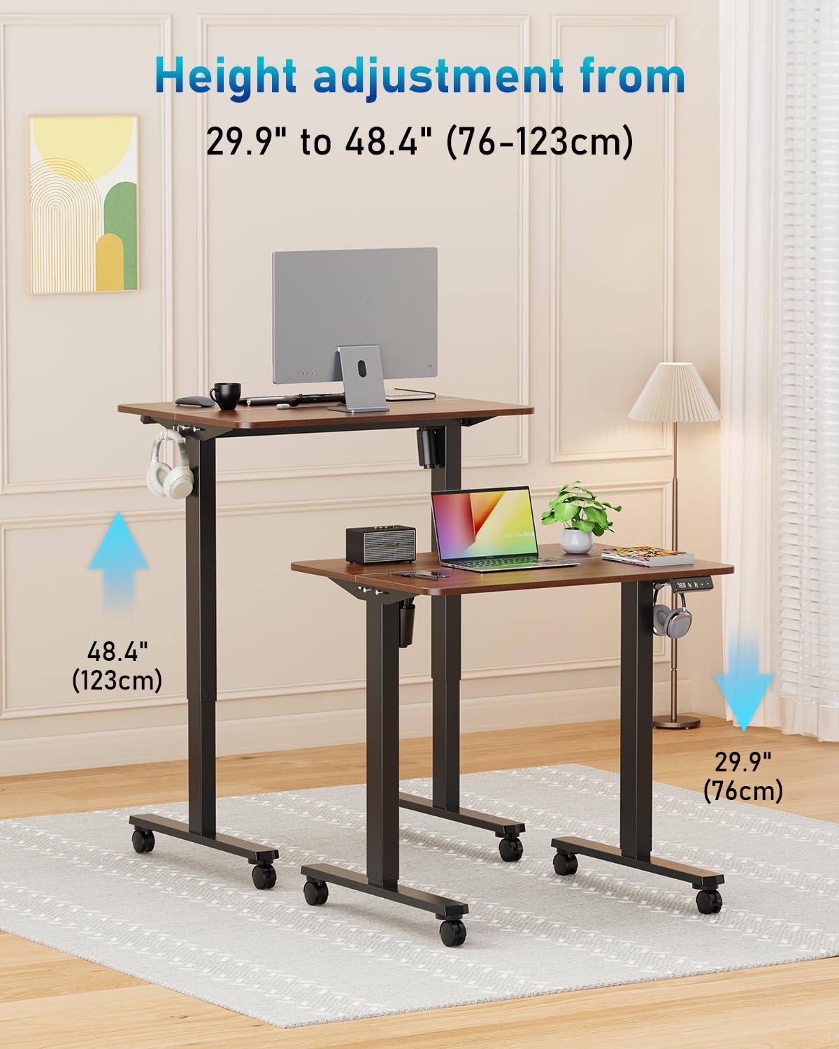 Xyndyx 32" Small Electric Rolling Standing Desk Adjustable Height, Mobile Sit Stand up Desk with Lockable Casters for Home Office & Computer Workstation, Splice Board, 2 Hooks, Black Frame/Walnut Top