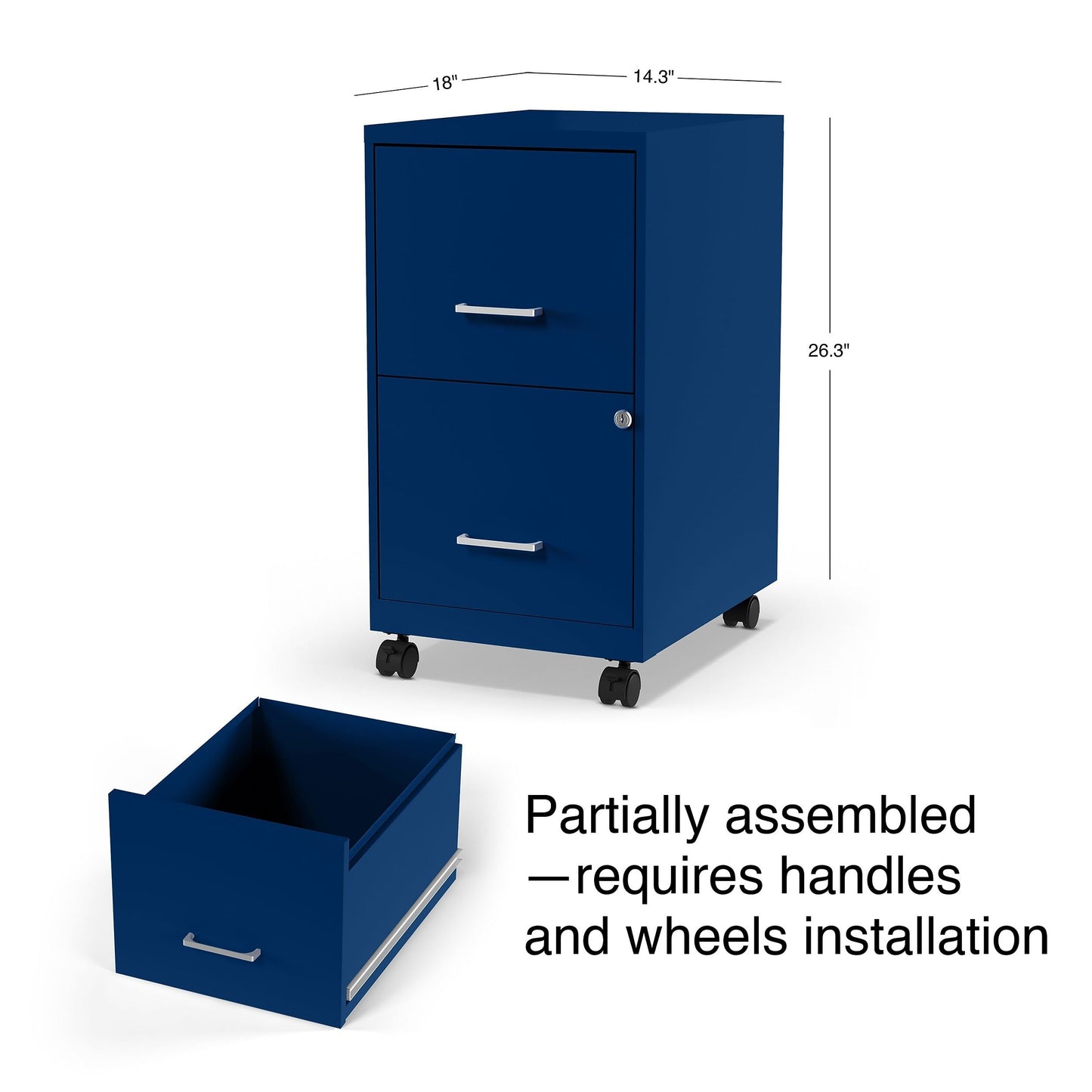 STAPLES 2-Drawer Vertical File Cabinet, Letter Size Documents, Lockable & Mobile, 18" D x 14" W x 26.3" H, Blue