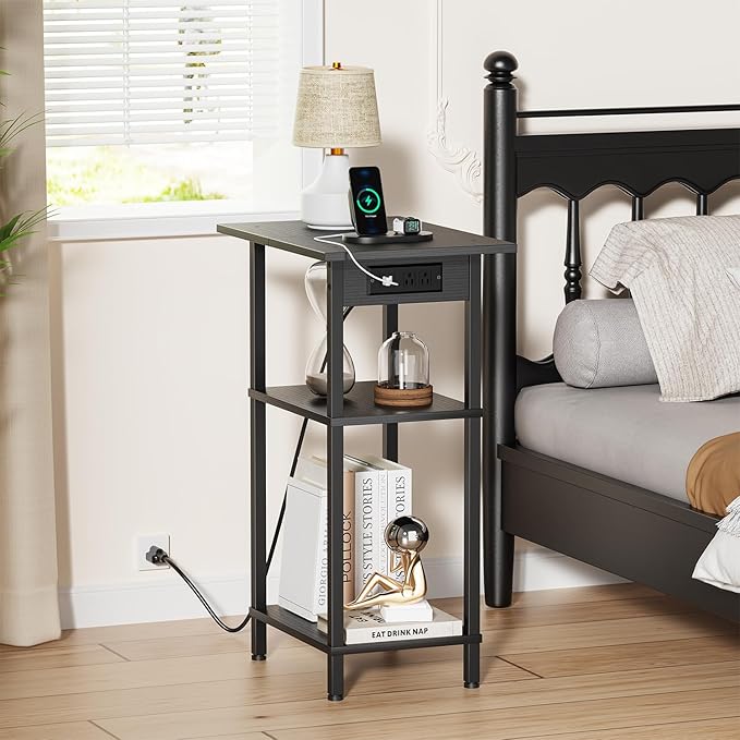 Asgolion Tall End Table with Charging Station, Skinny Nightstand with USB Ports