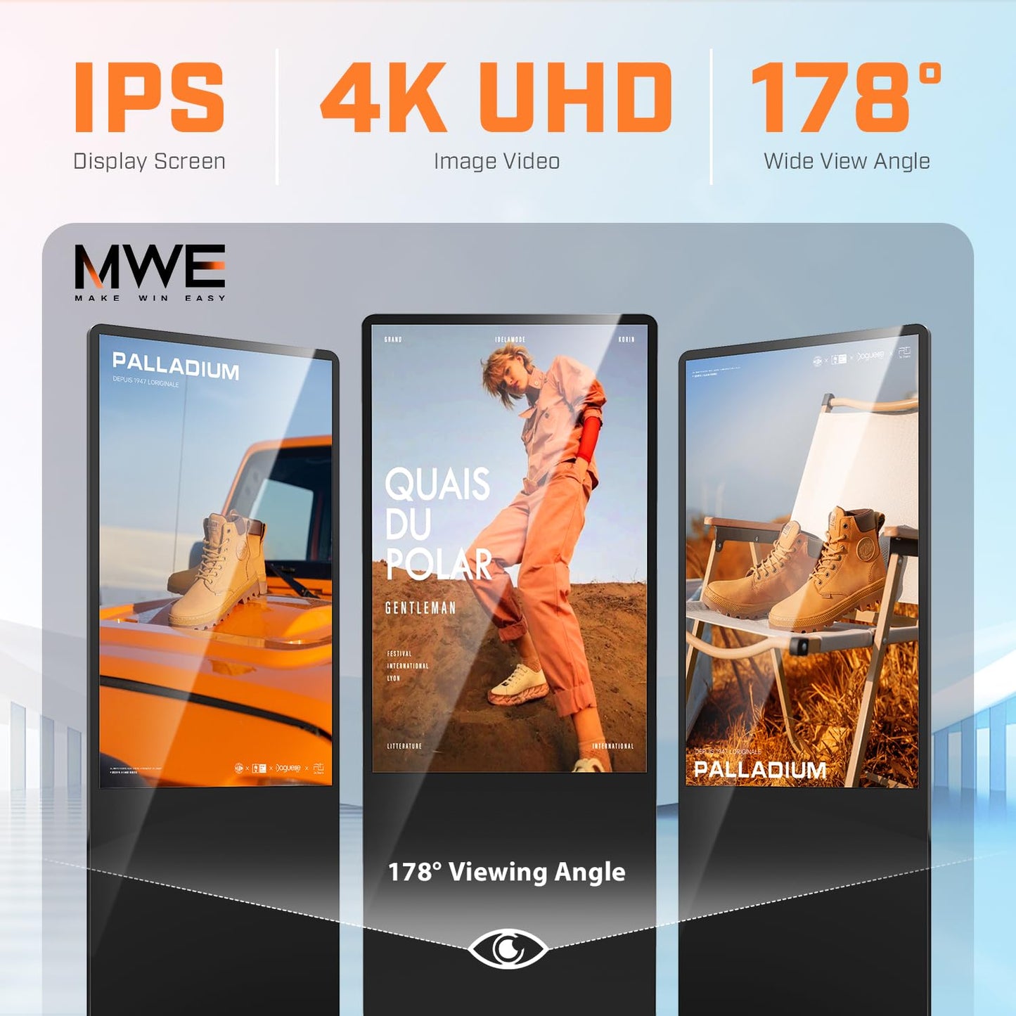 QIXZOCV MWE 65 Inch 4K Digital Signage Display Kiosk, Indoor Floor Standing Advertising Display Poster, LCD Commercial Display with Auto Media Player, Android System, HDMI/USB/WiFi