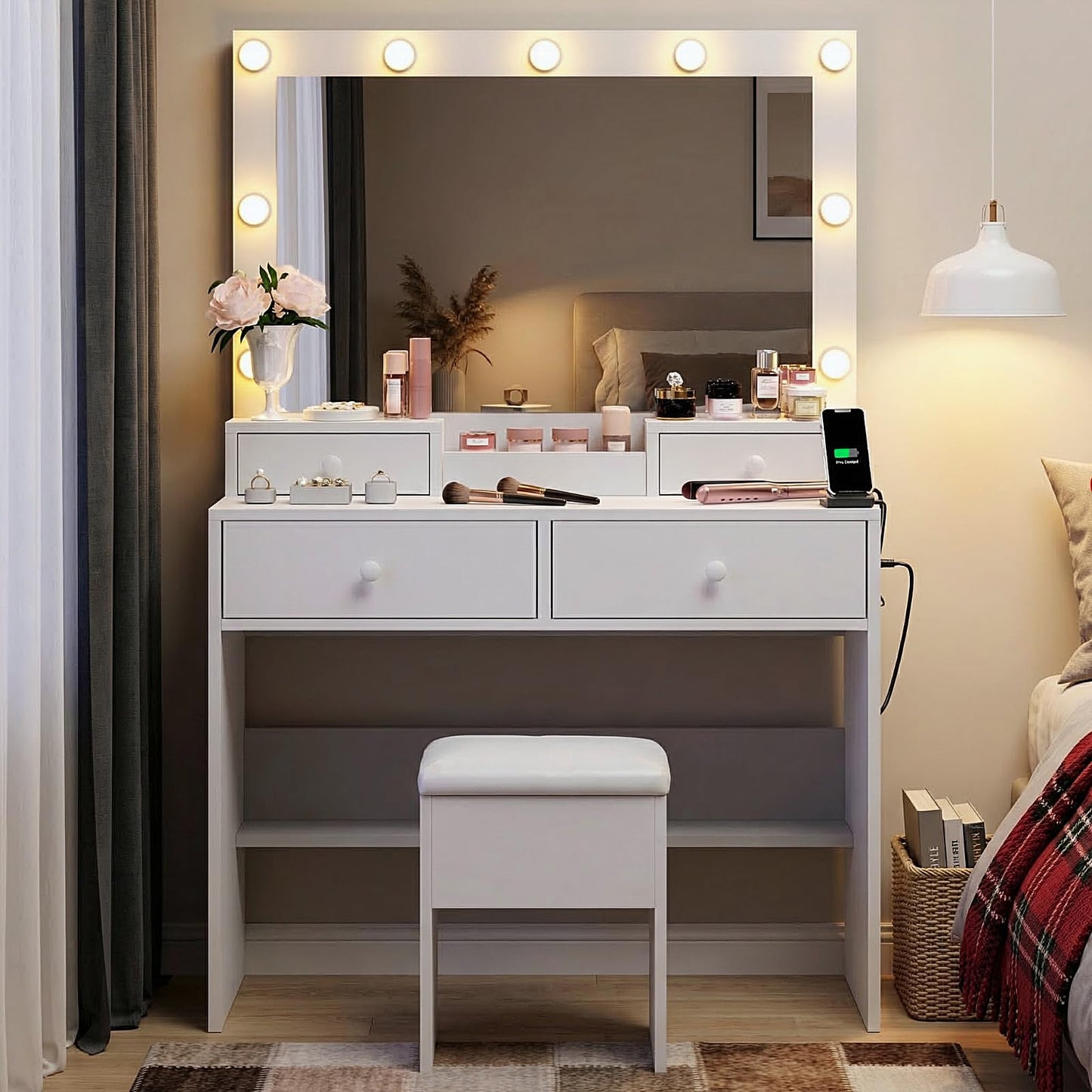 Haewon Vanity Desk with LED Lighted Mirror and Power Outlet, Makeup Vanity Table with 3 Lighting Modes, Vanity Desk Set with 4 Drawers and Storage Chair for Bedroom, White