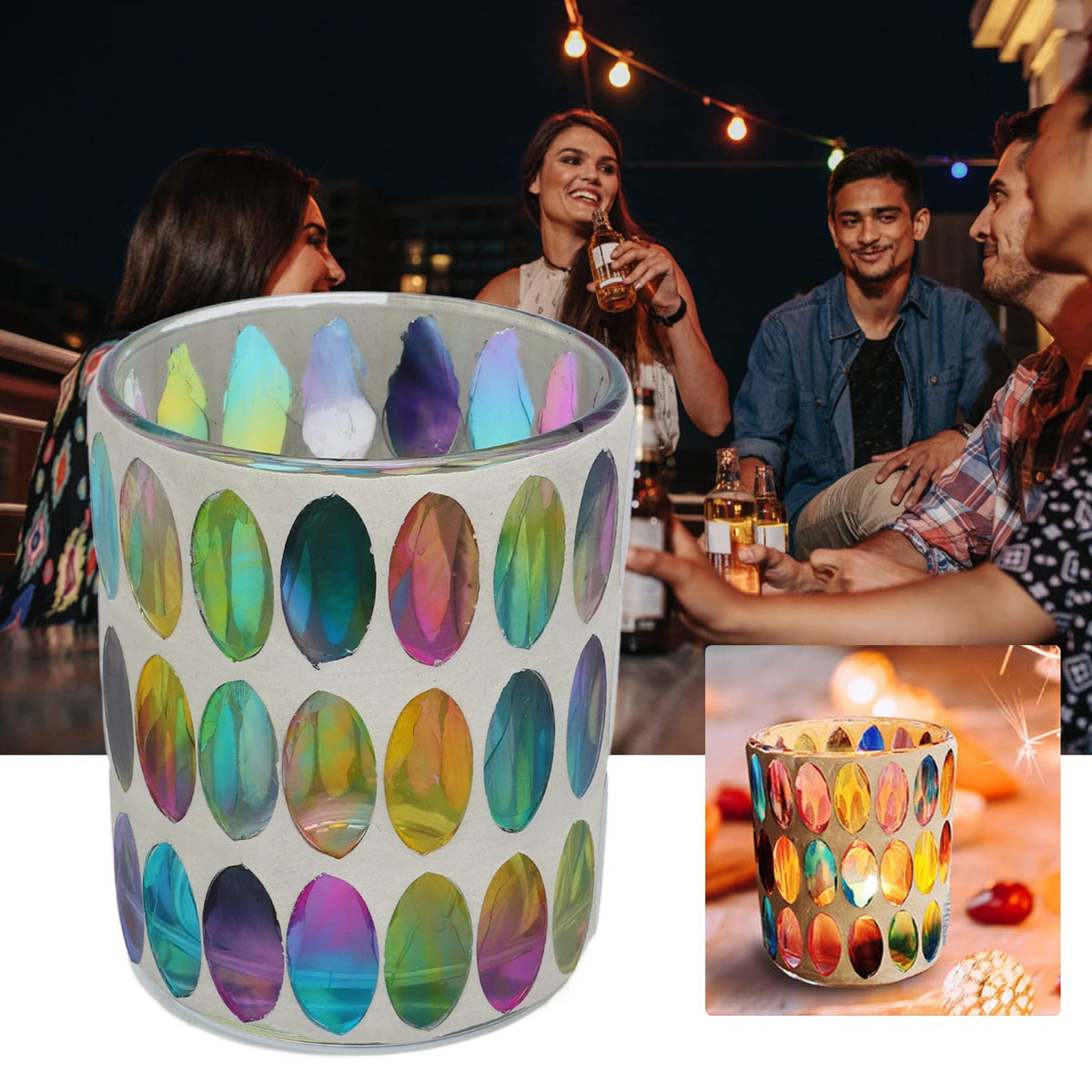 Glass Candle Holders, Mosaic Tea Light Holder Colorful Glass Vivid Luster Tealight Votive Holder Cup Vivid Luster Pen Holder for Bedroom, Office, Cafe, Restaurant, and Bar
