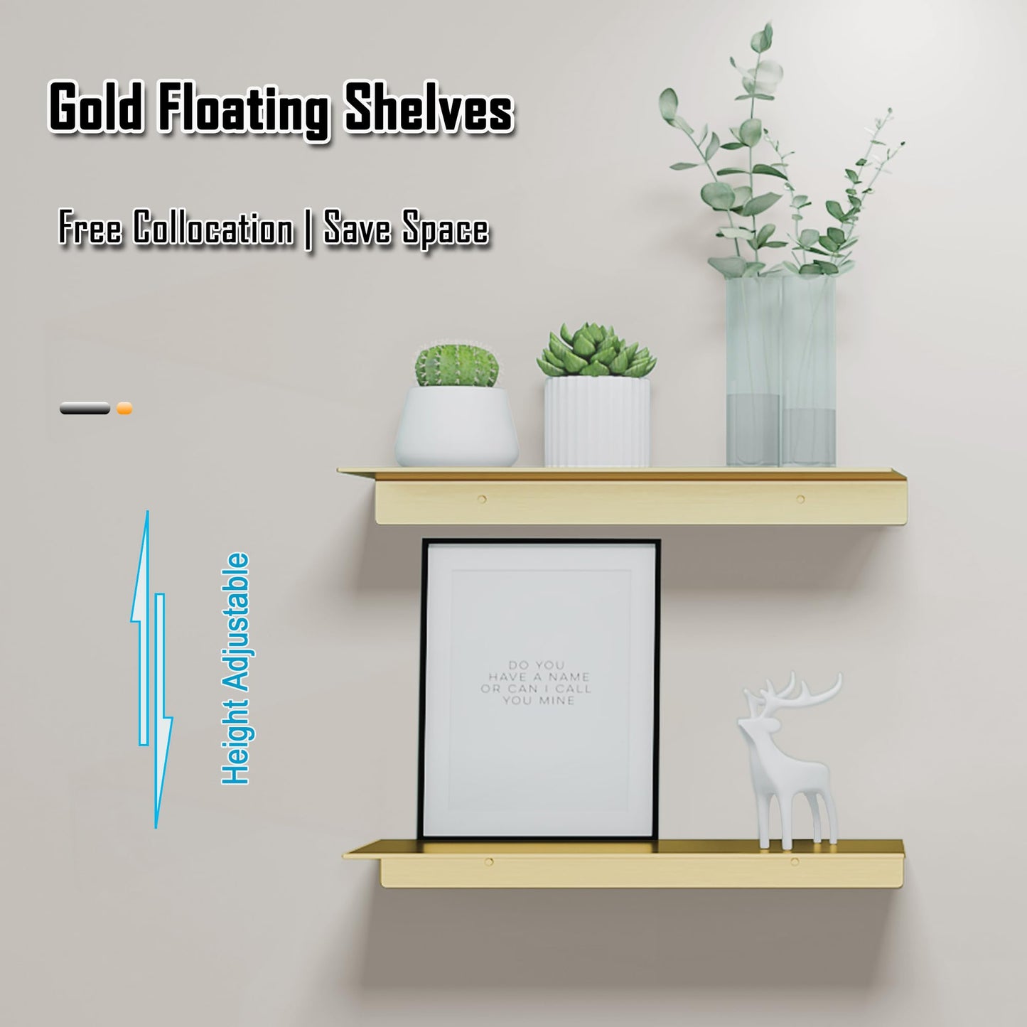 HNVNER Metal Floating Shelves, Set of 2, Brushed Gold Wall Shelves Picture Ledge, Shower Caddy Wall Mounted, Decorative Display Shelf for Bedroom, Living Room, Bathroom, Office