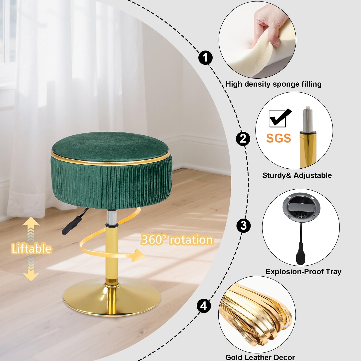 MRITWAII Adjustable Vanity Stool with Storage, 360° Swivel Makeup Stool Chair Small Velvet Round Ottoman with Gold Base for Bedroom, Green