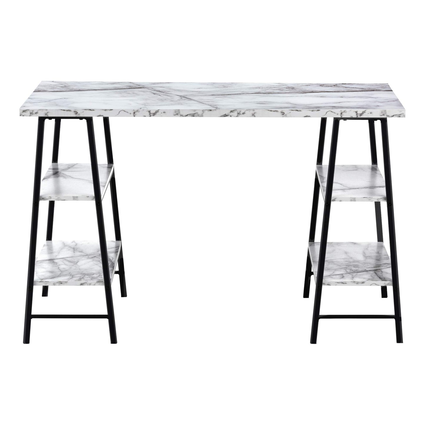 Monarch Specialties I 7527 Computer Desk, Home Office, Laptop, Storage Shelves, 48" L, Work, Metal, Laminate, White Marble Look, Black, Contemporary, Modern