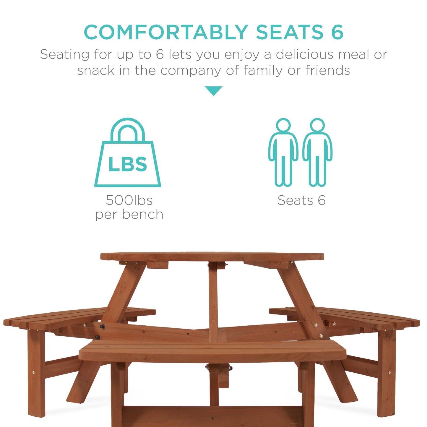 Best Choice Products 6-Person Circular Outdoor Wooden Picnic Table for Patio, Backyard, Garden, DIY w/ 3 Built-in Benches, 500lb Capacity - Acorn