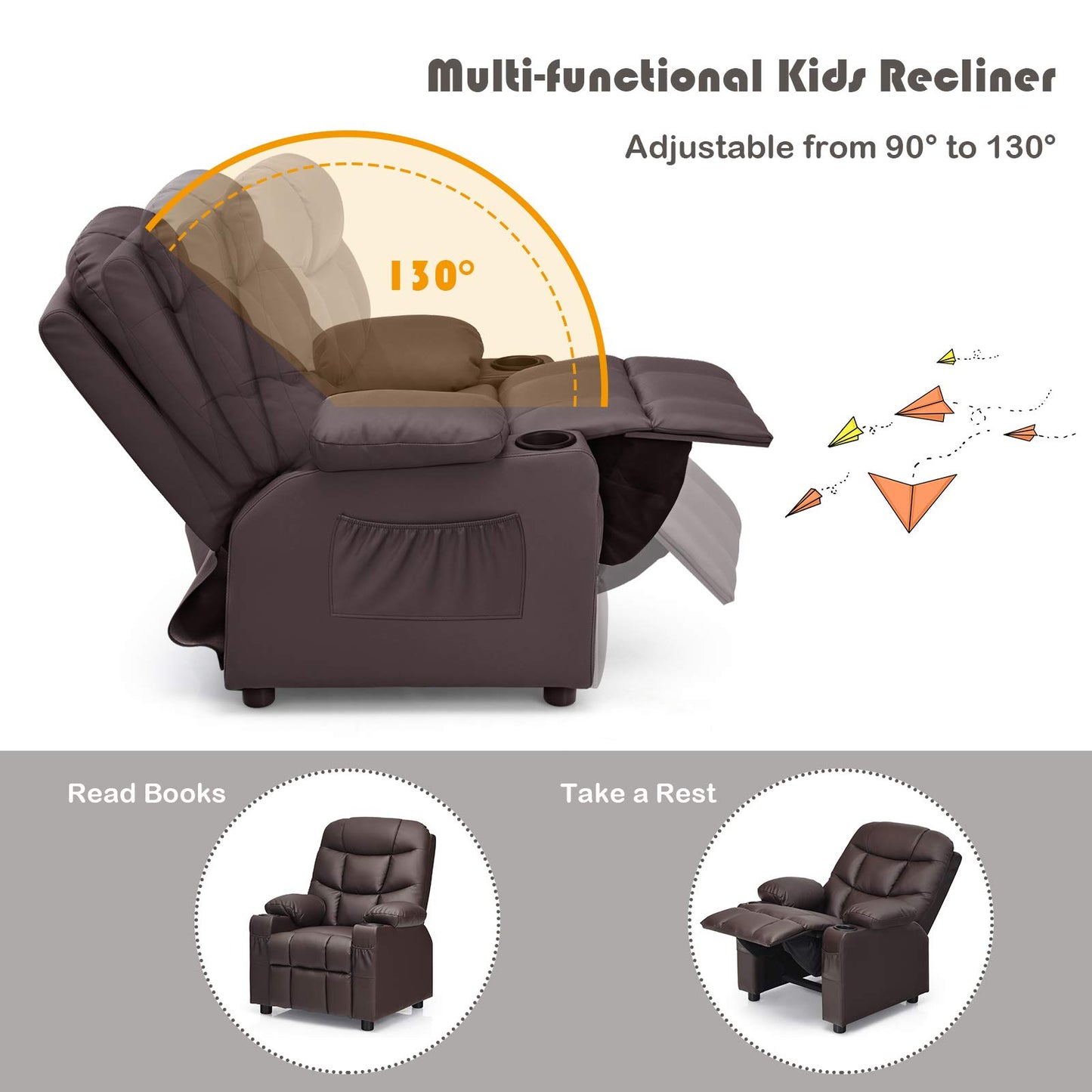 Costzon Kids Recliner Chair with Cup Holder, Adjustable Leather Lounge Chair w/Footrest & Side Pockets for Children Boys Girls Room, Ergonomic Toddler Furniture Sofa, Kids Recliner (Brown)