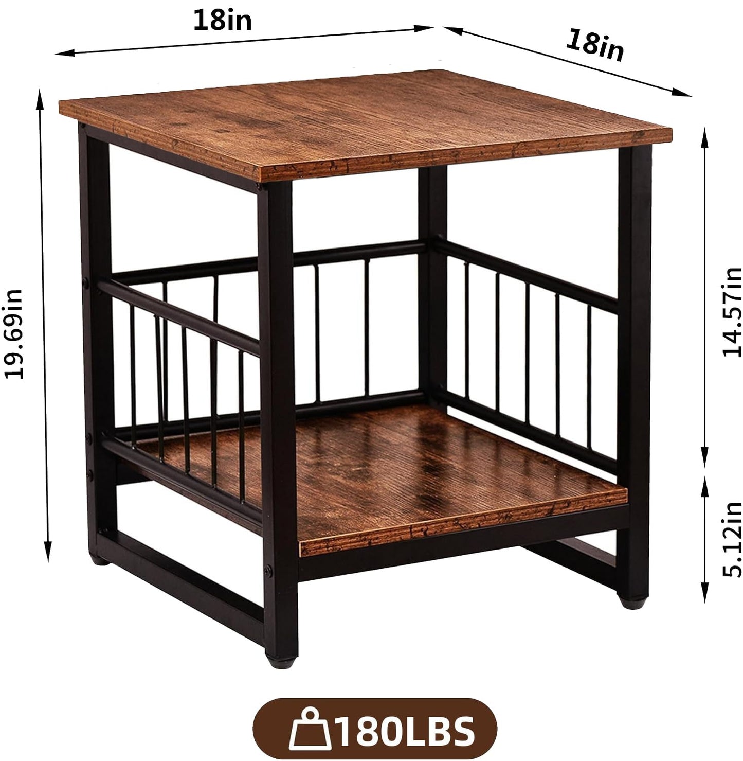 End Table, Industrial Side Table with 2-Tire Storage Shelf, 180LBS Mini Fridge Stand with Adjustable Feet, 18"x18" Wood Night Stand Small Bedside Table with Sturdy Metal Frame for Living Room Bedroom