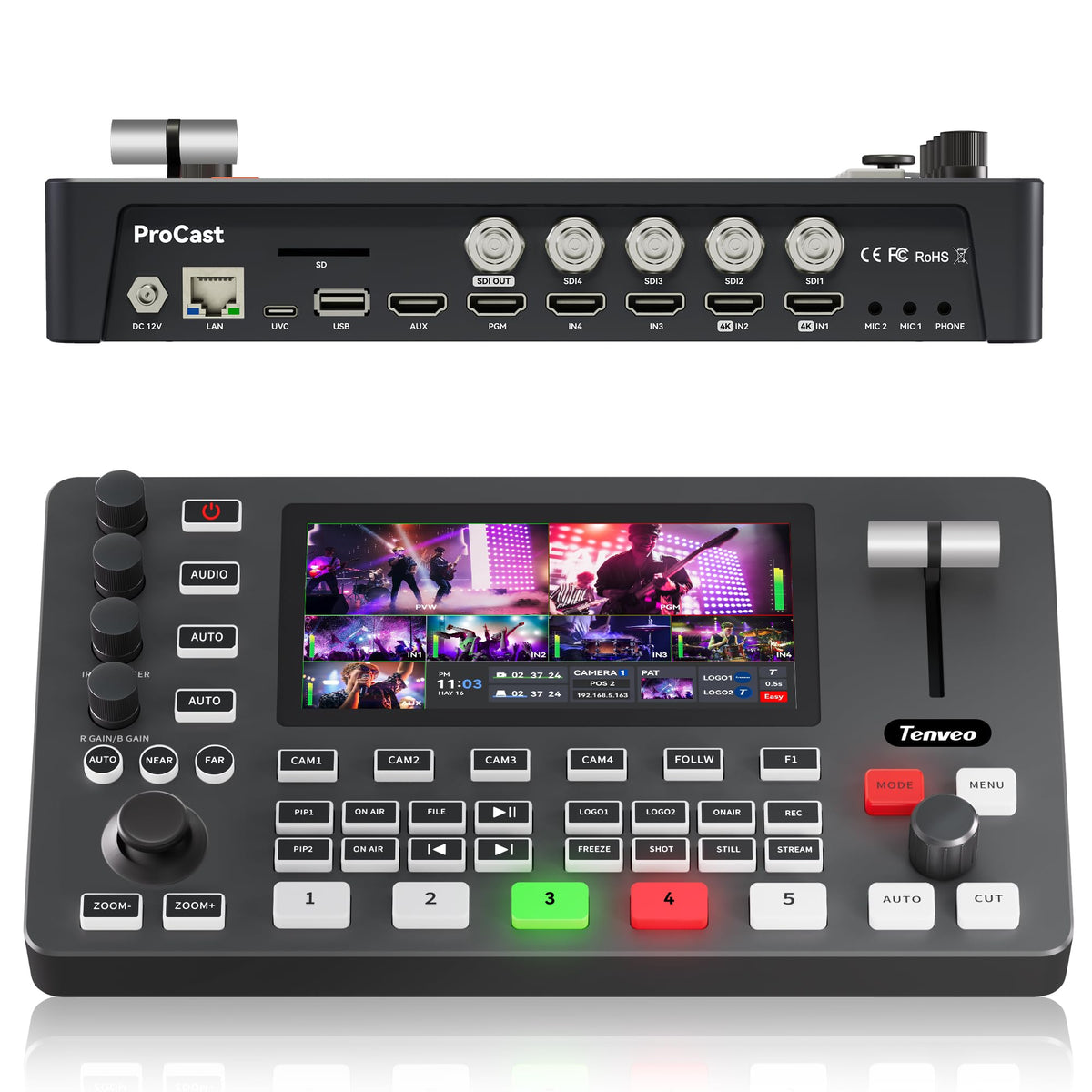 Tenveo 4K60FPS HDMI Video Switcher Mixer, 4*SDI & 4*HDMI Input, 5CH Live Streaming Switcher, 5.5’’ FHD Screen, 1080P60FPS Output, USB Video Recording, Support PTZ Camera and Controller, NDI Included
