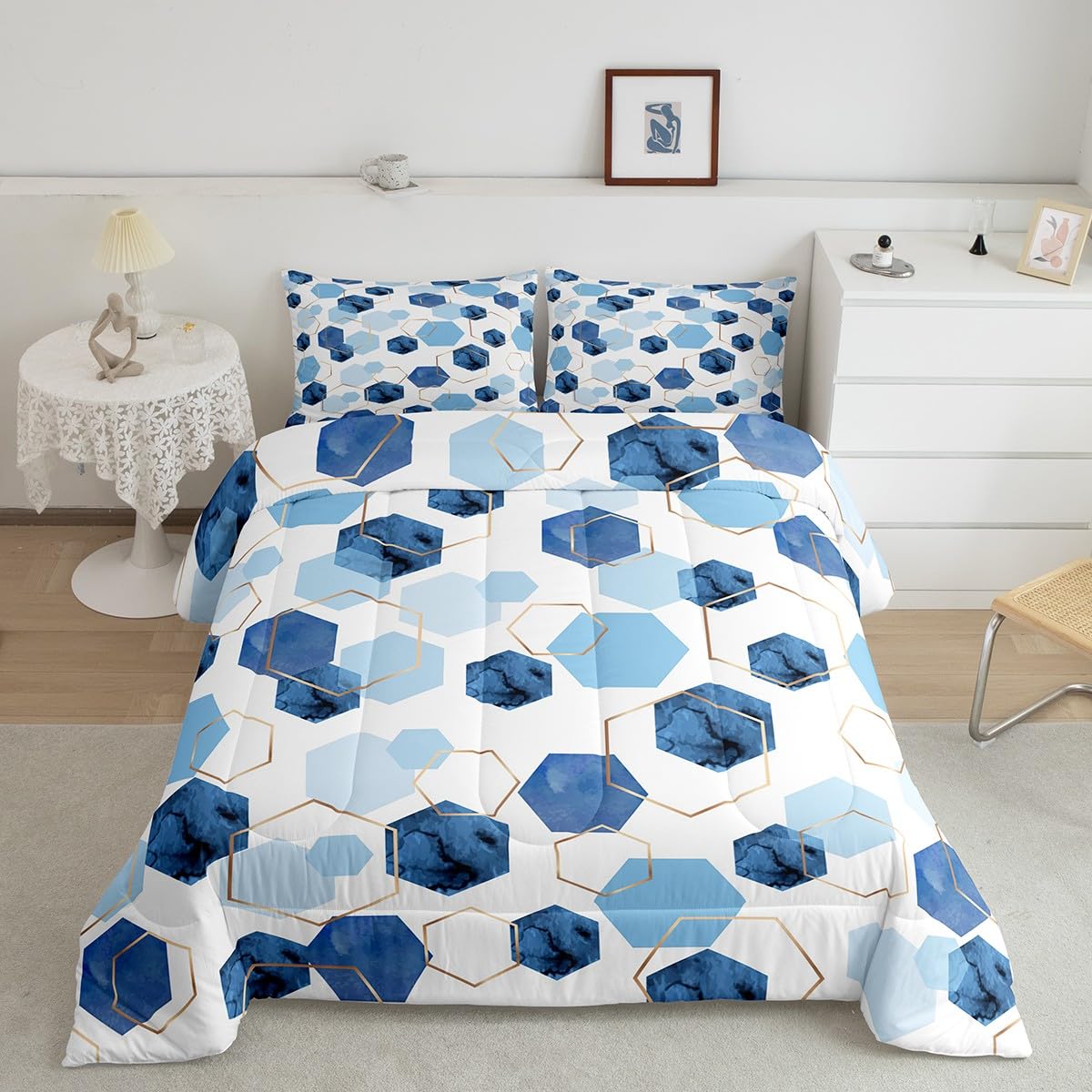 Erosebridal Geometric Hexagon Comforter Twin Navy Blue Bedding Set, Watercolor Honeycomb Down Comforter Abstract Tie Dye Bed Set, Luxury Gold Hexagon Quilted Duvet Microfiber