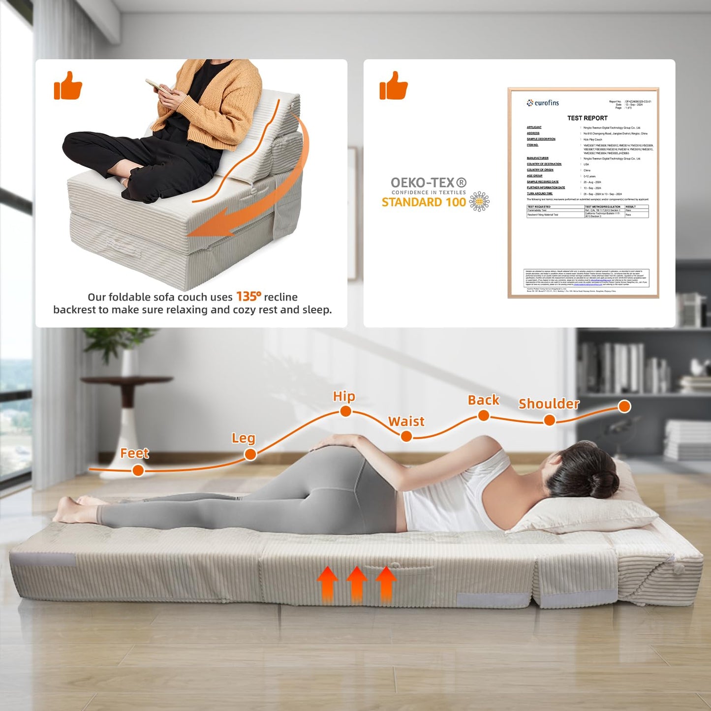 INRLKIT Cozy Folding Sofa Bed Convertible Sleeper Chair Couch Foldable Floor Mattress Comfy Portable Floor Sofa Lounge for Living Room Bedroom(77"x26",Beige White,30D Density Foam)