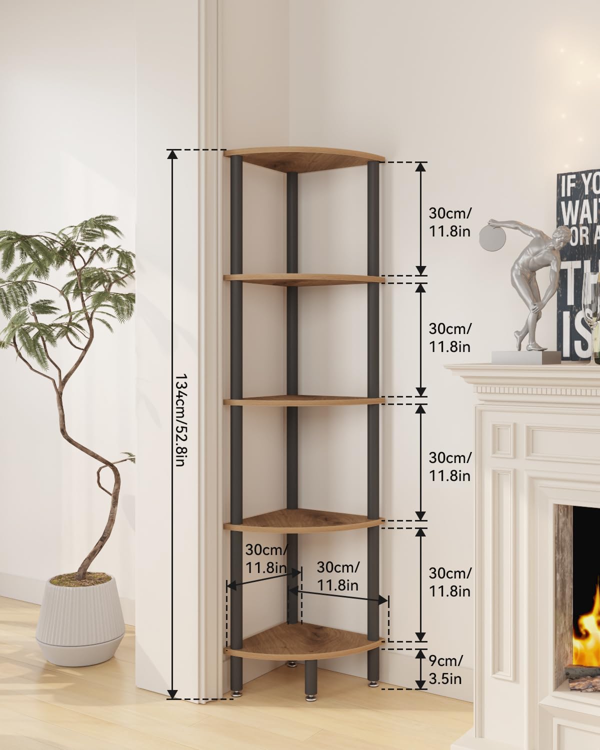 IBUYKE 5 Tier Corner Shelf Stand,Industrial Corner Display Rack,Corner Bookshelf for Living Room, Bedroom, Kitchen, Home Office, Oak WBC010K