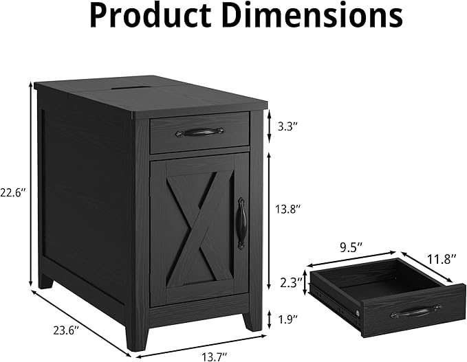 IRONCK End Table with Charging Station, Narrow Side Table