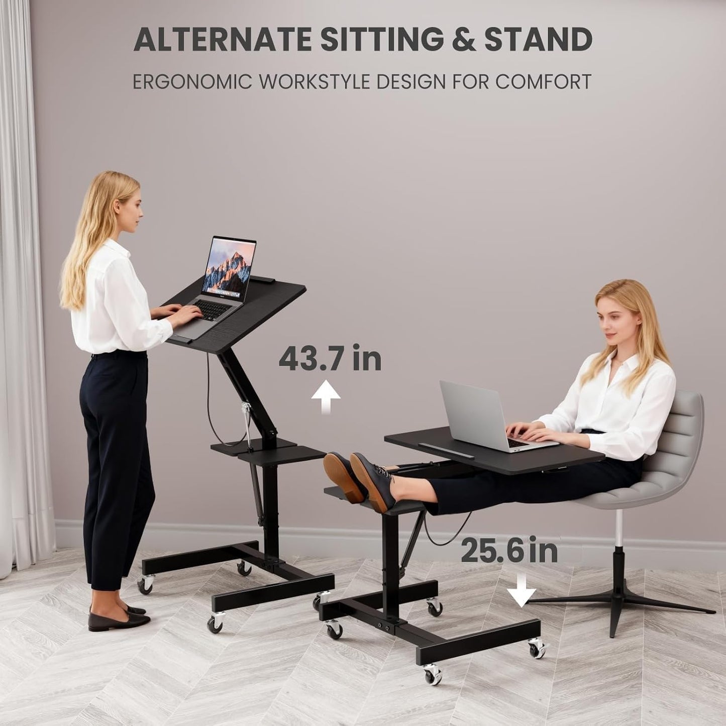 FULOOPHI Mobile Standing Desk with Wheels, Height Adjustable Laptop Table, 27.56 Inch Portable Ergonomic Workstation with Locking Casters & Tilting Top, Black