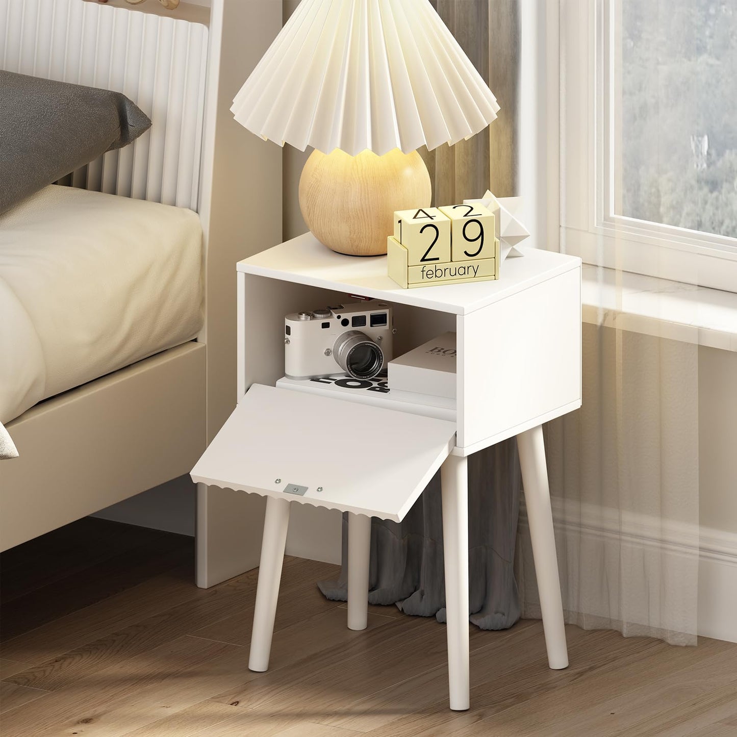 LAATOOREE Nightstands Set of 2, Small Side Table, Bedside Table with Fluted Door, Solid Wood Feet; Modern Mid-Century End Table for Bedroom, Small Space (White)