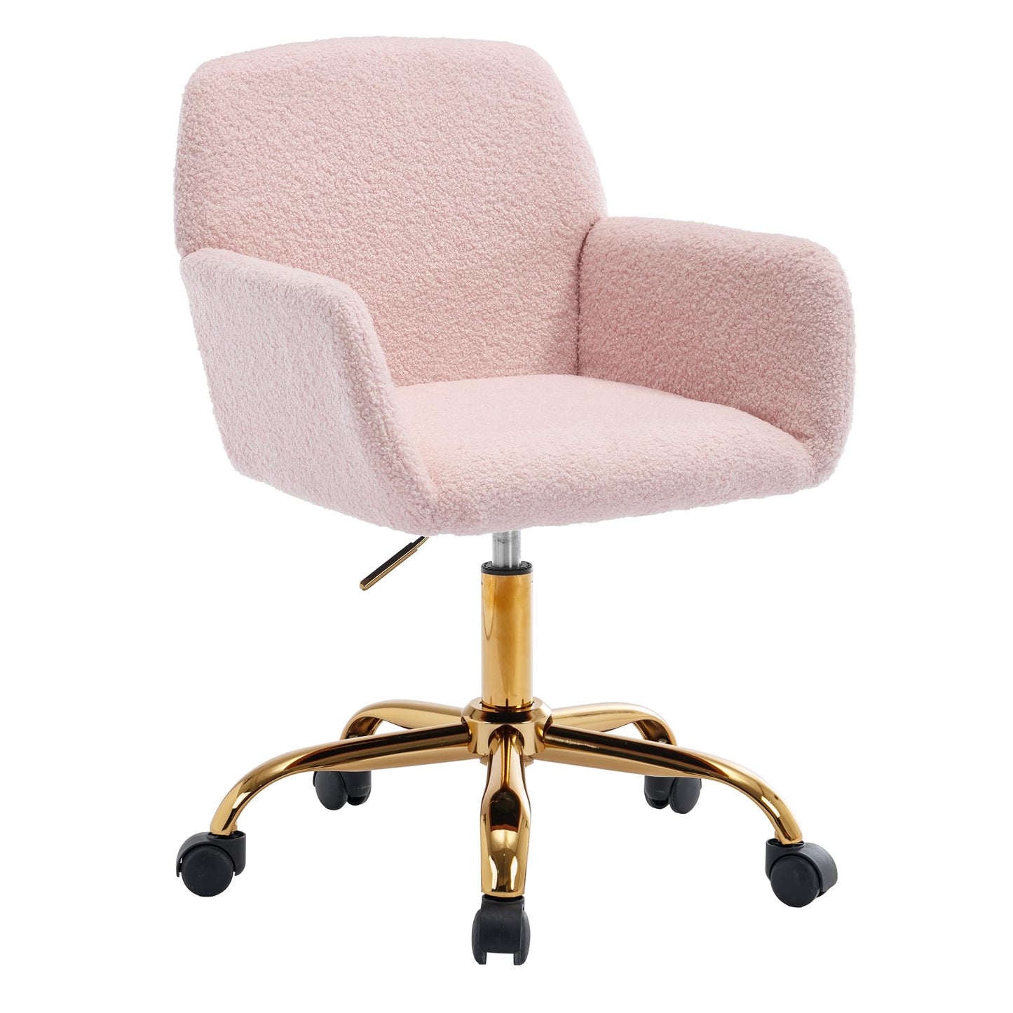 KCC Faux Fur Vanity Makeup Desk Chair, Comfy Fluffy Swivel Modern Leisure Armchair with Wheels, Upholstered Fuzzy Height Adjustable for Teens Women Girls Elegant Home Office, Pink